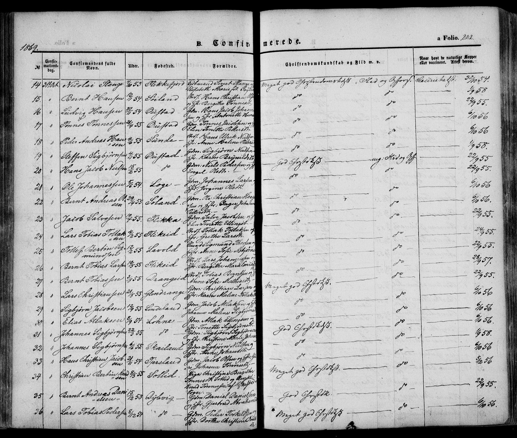 Flekkefjord sokneprestkontor, SAK/1111-0012/F/Fa/Fac/L0005: Parish register (official) no. A 5, 1849-1875, p. 222