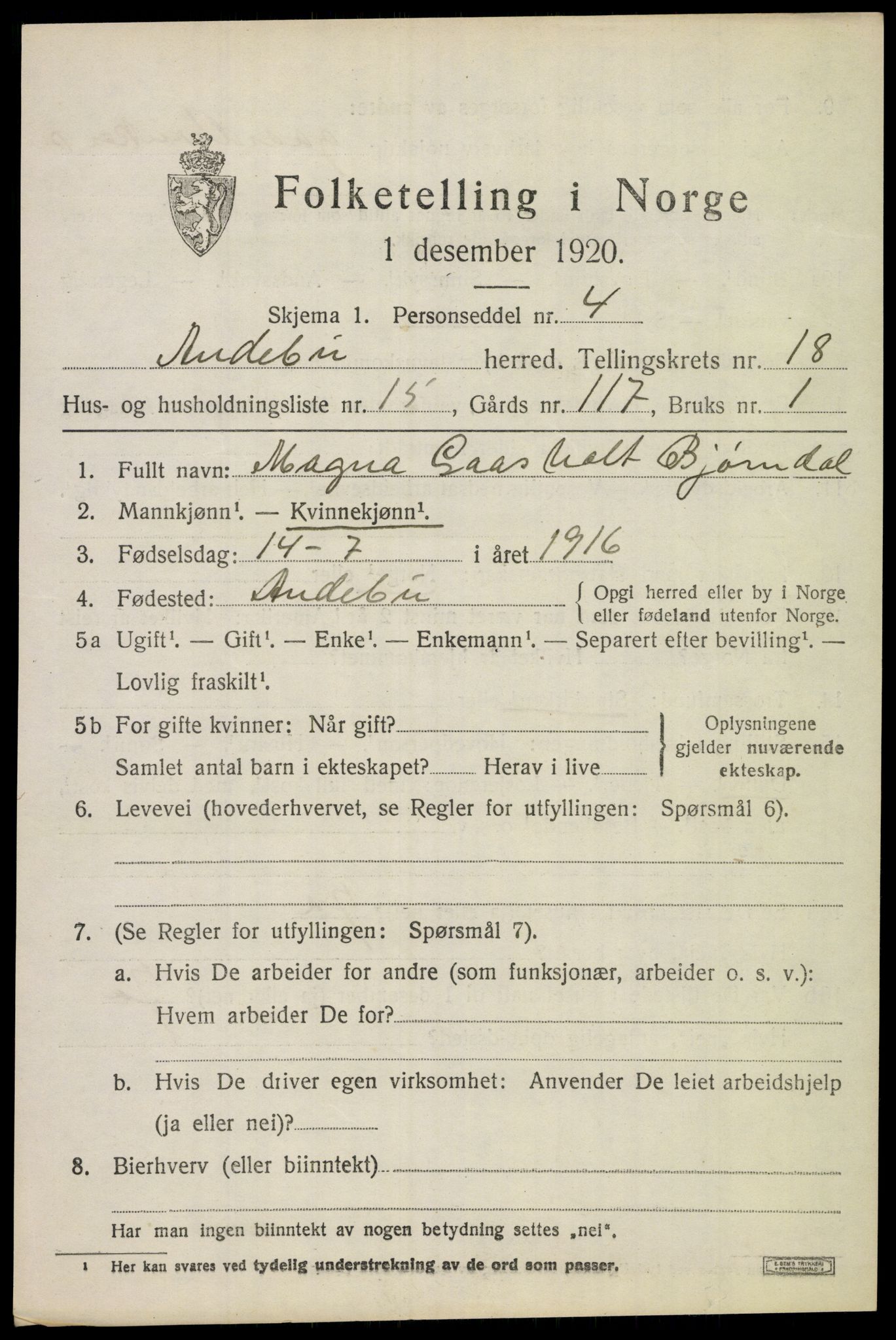 SAKO, 1920 census for Andebu, 1920, p. 6148