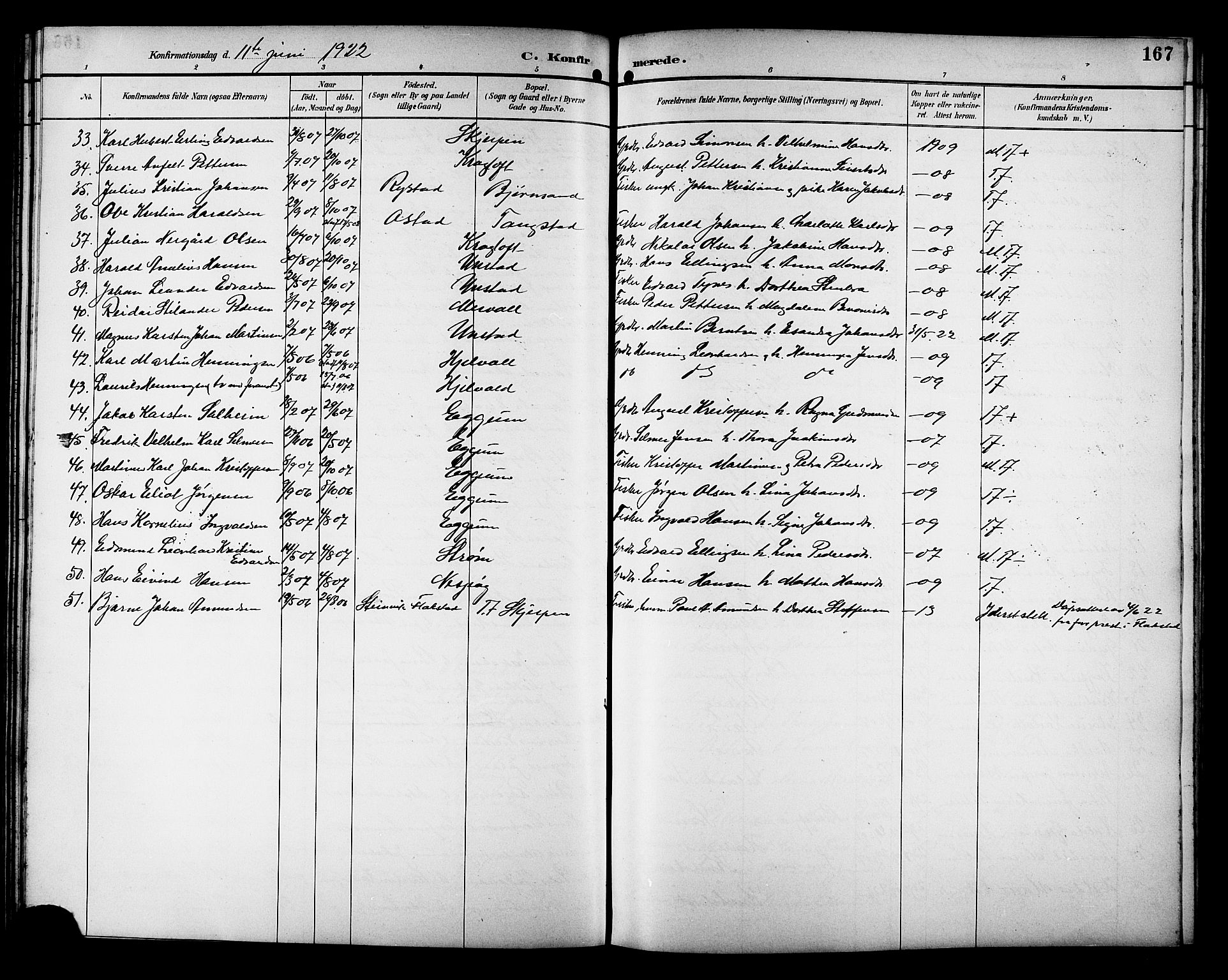 Ministerialprotokoller, klokkerbøker og fødselsregistre - Nordland, AV/SAT-A-1459/880/L1141: Parish register (copy) no. 880C03, 1893-1928, p. 167