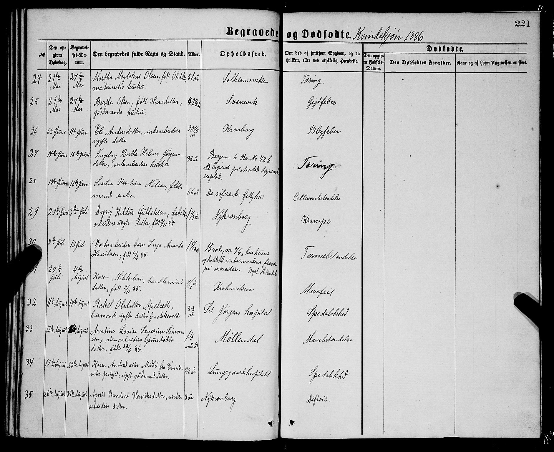 St. Jørgens hospital og Årstad sokneprestembete, AV/SAB-A-99934: Parish register (official) no. A 11, 1864-1886, p. 221