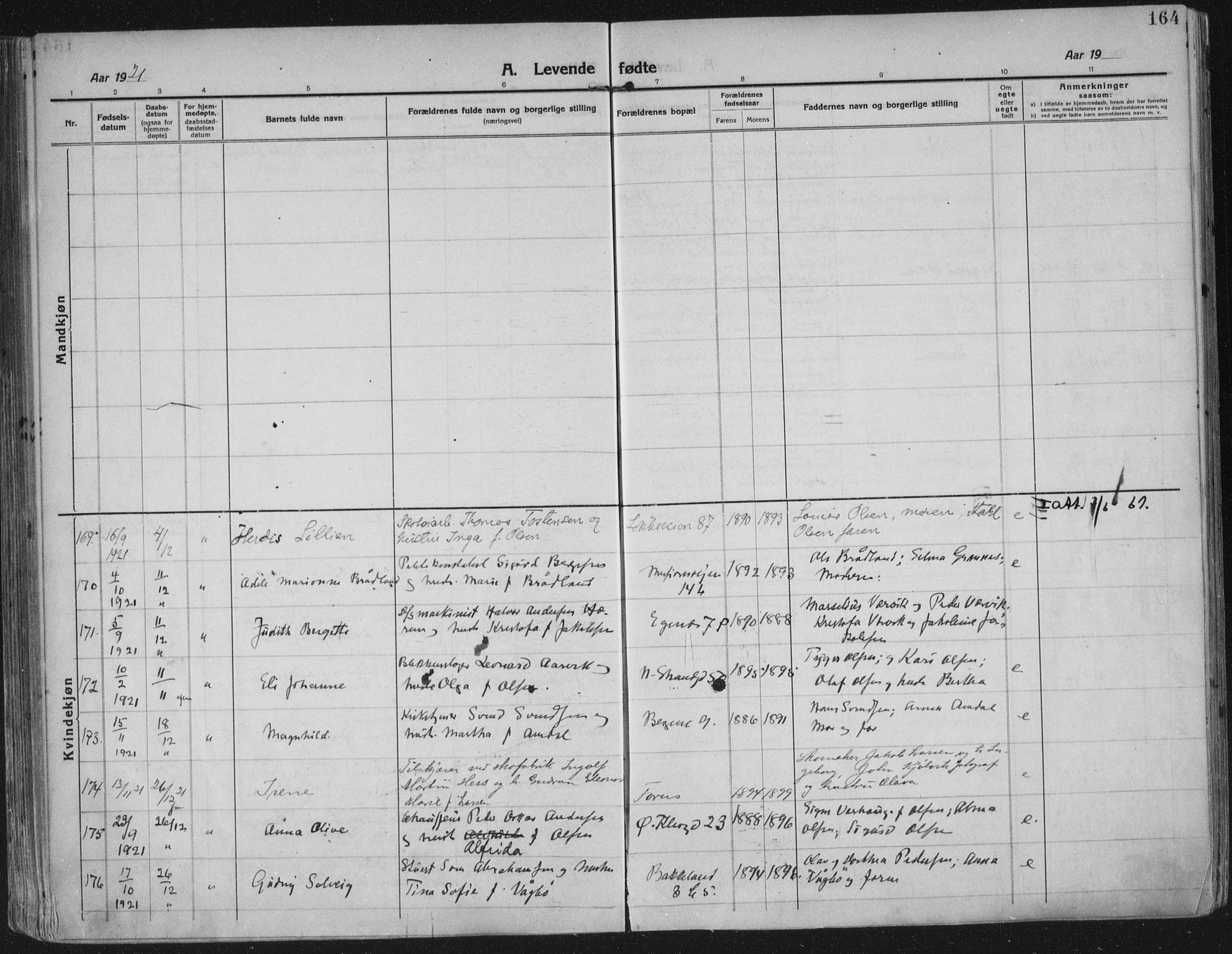 Domkirken sokneprestkontor, AV/SAST-A-101812/002/A/L0018: Parish register (official) no. A 34, 1915-1929, p. 164