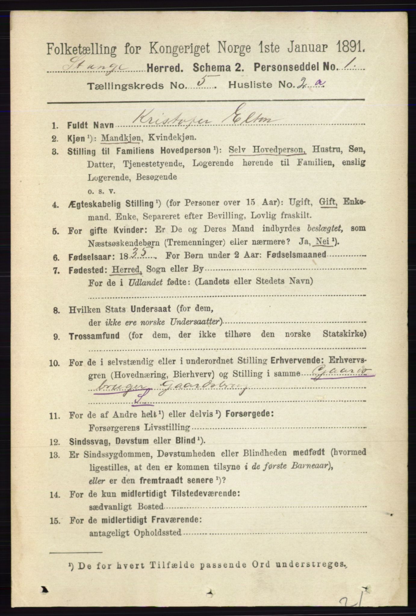 RA, 1891 census for 0417 Stange, 1891, p. 3767