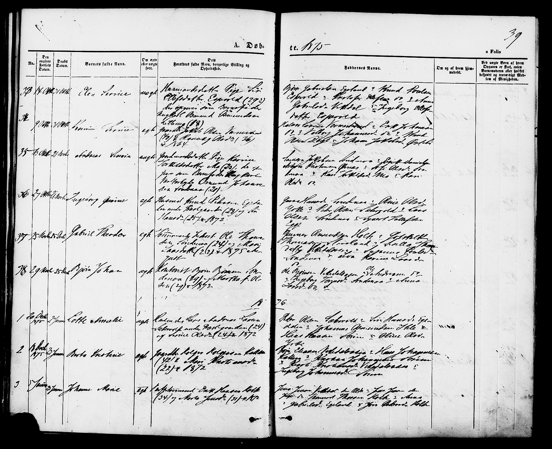 Vikedal sokneprestkontor, SAST/A-101840/01/IV: Parish register (official) no. A 7, 1868-1883, p. 39