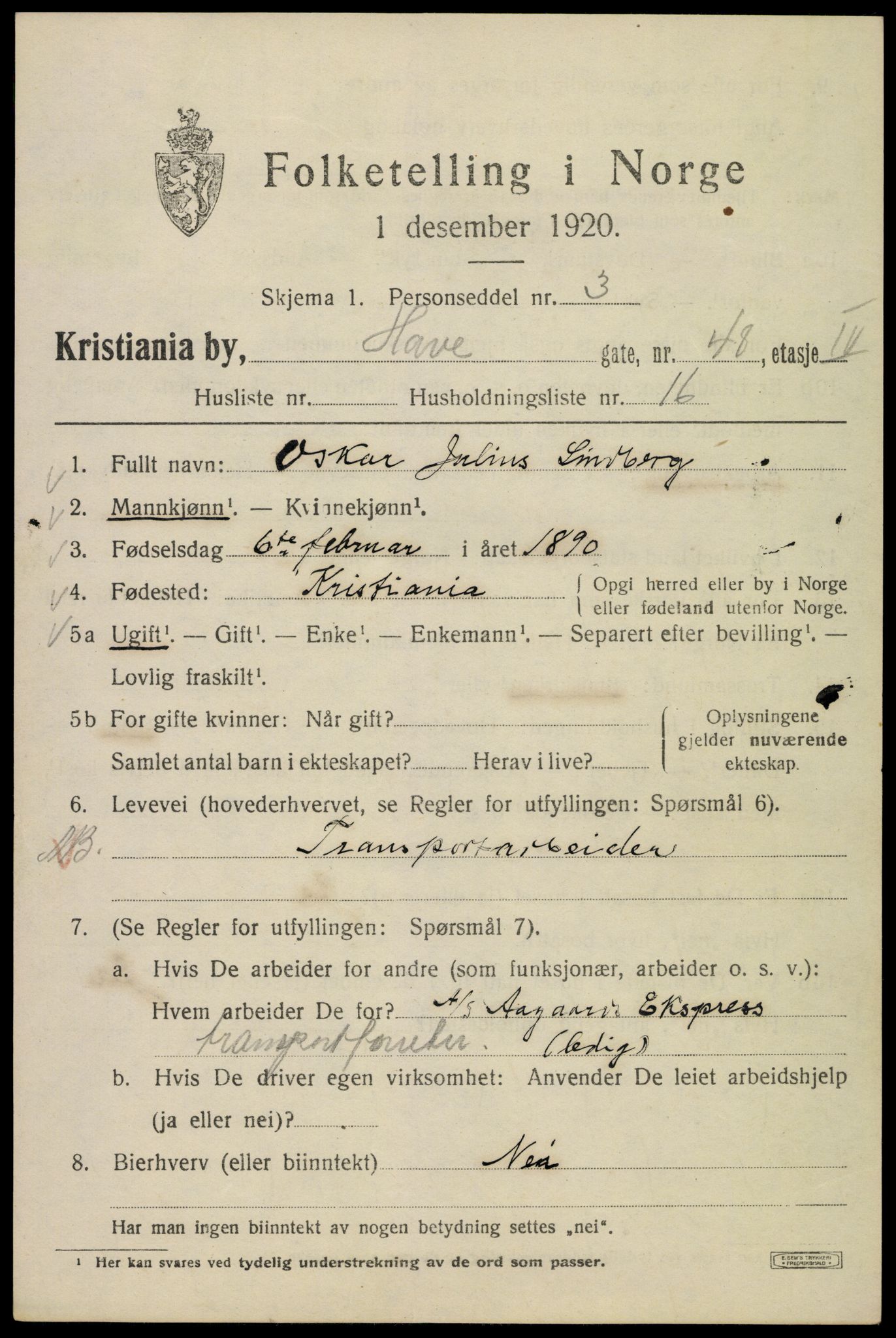 SAO, 1920 census for Kristiania, 1920, p. 276129