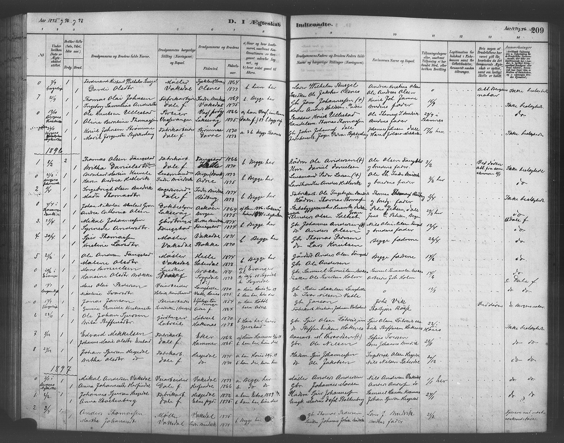 Bruvik Sokneprestembete, SAB/A-74701/H/Hab: Parish register (copy) no. A 1, 1878-1907, p. 209