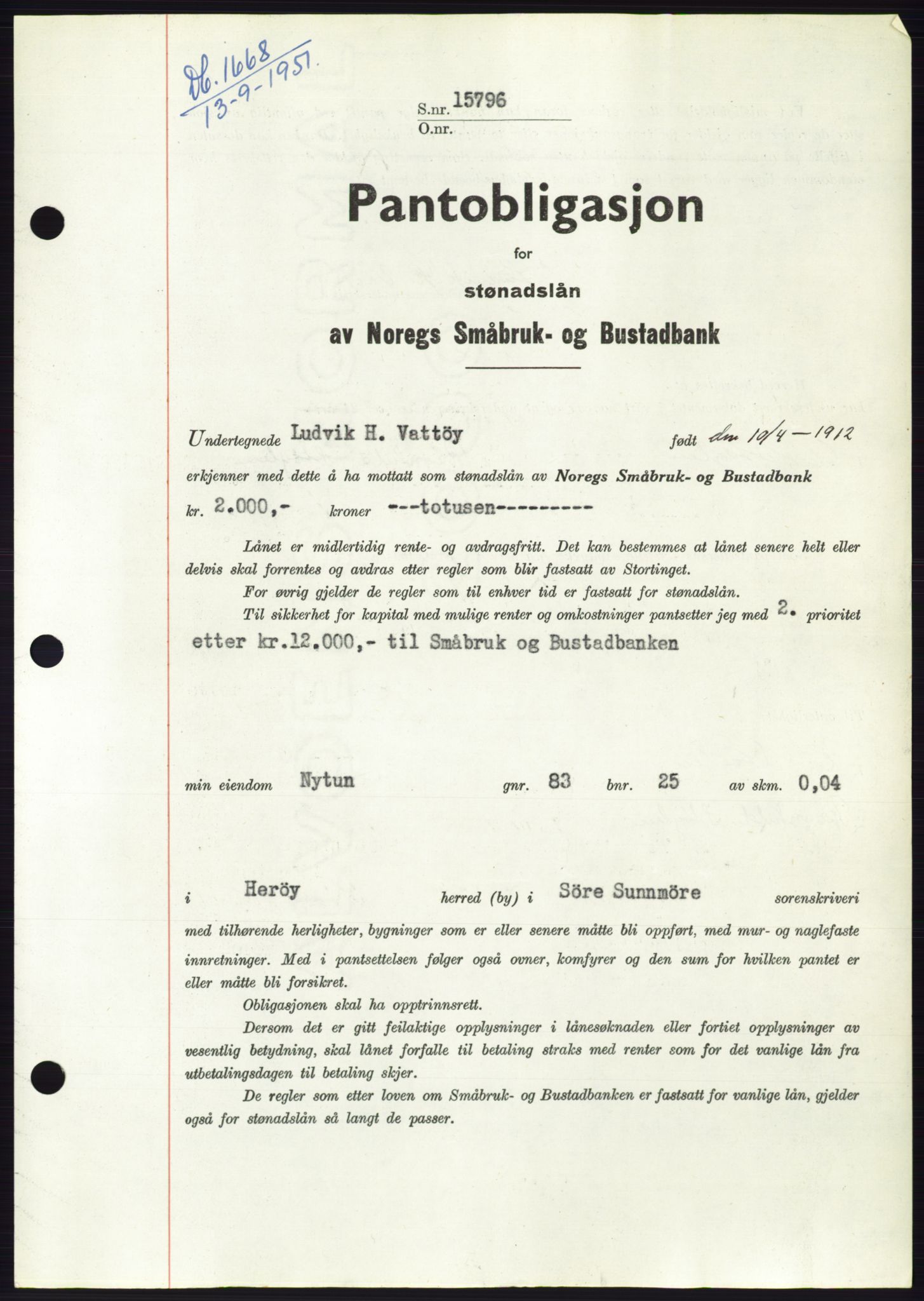 Søre Sunnmøre sorenskriveri, AV/SAT-A-4122/1/2/2C/L0120: Mortgage book no. 8B, 1951-1951, Diary no: : 1668/1951