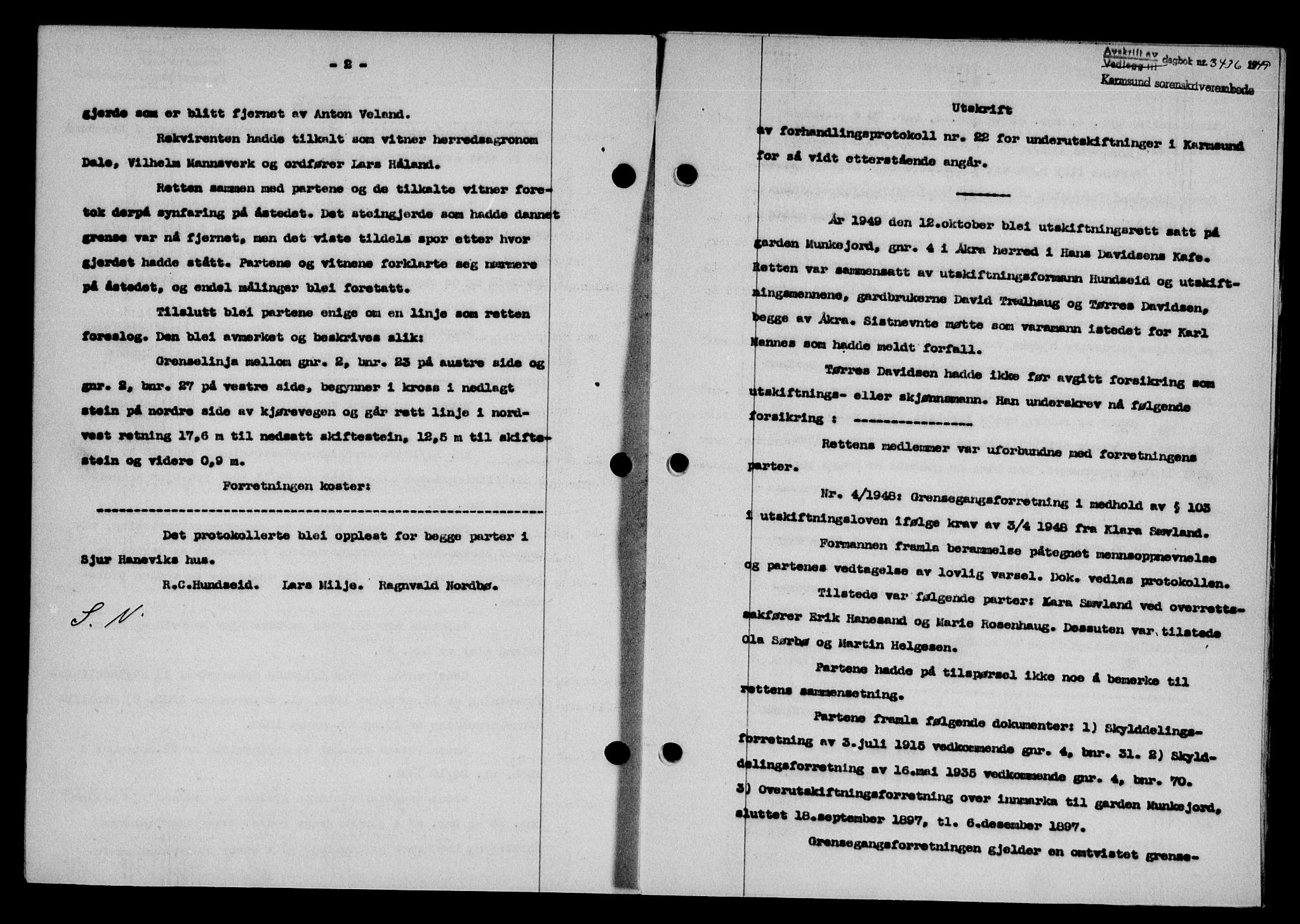 Karmsund sorenskriveri, SAST/A-100311/01/II/IIB/L0098: Mortgage book no. 78A, 1949-1950, Diary no: : 3436/1949
