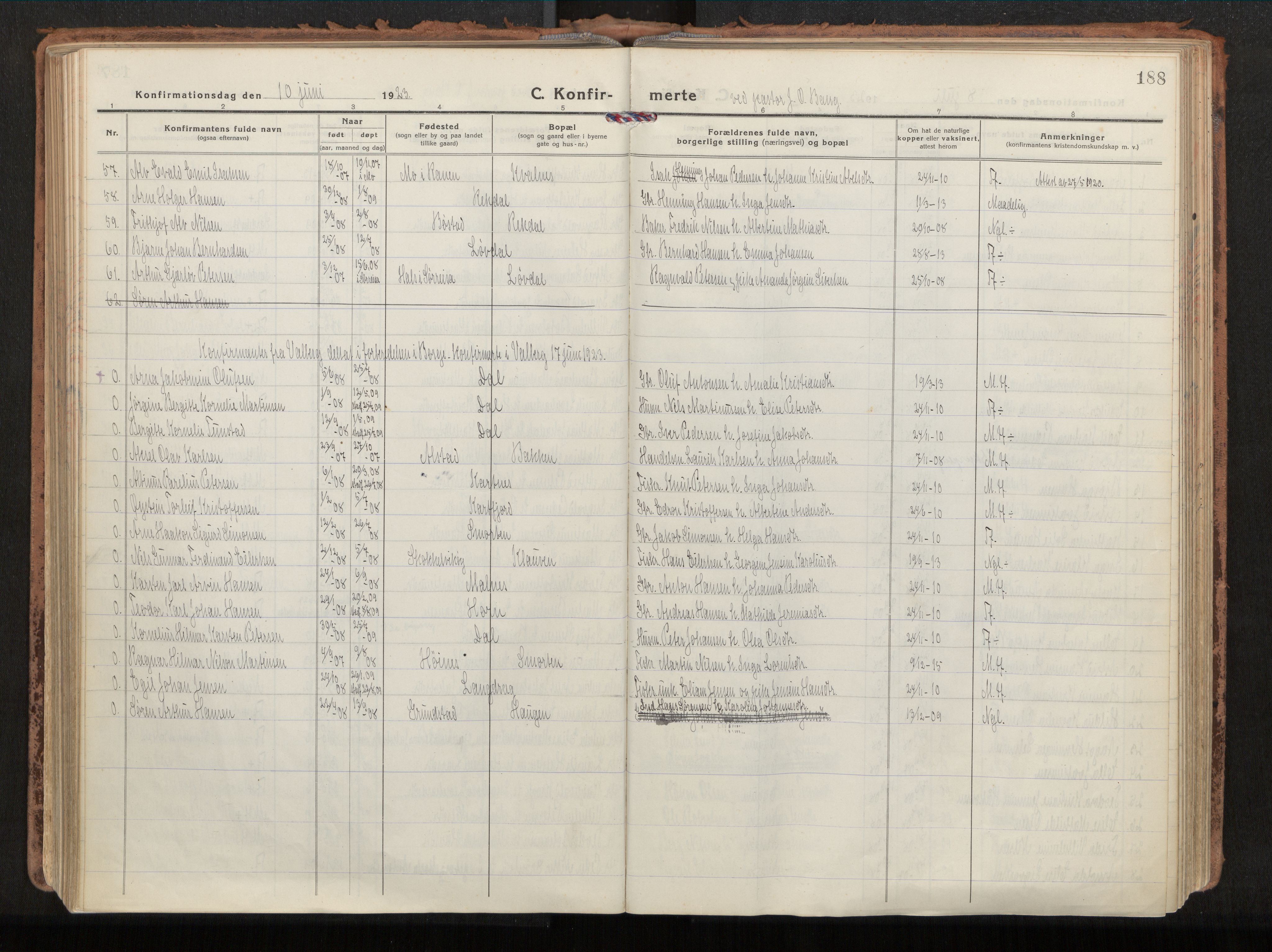 Ministerialprotokoller, klokkerbøker og fødselsregistre - Nordland, AV/SAT-A-1459/880/L1136: Parish register (official) no. 880A10, 1919-1927, p. 188