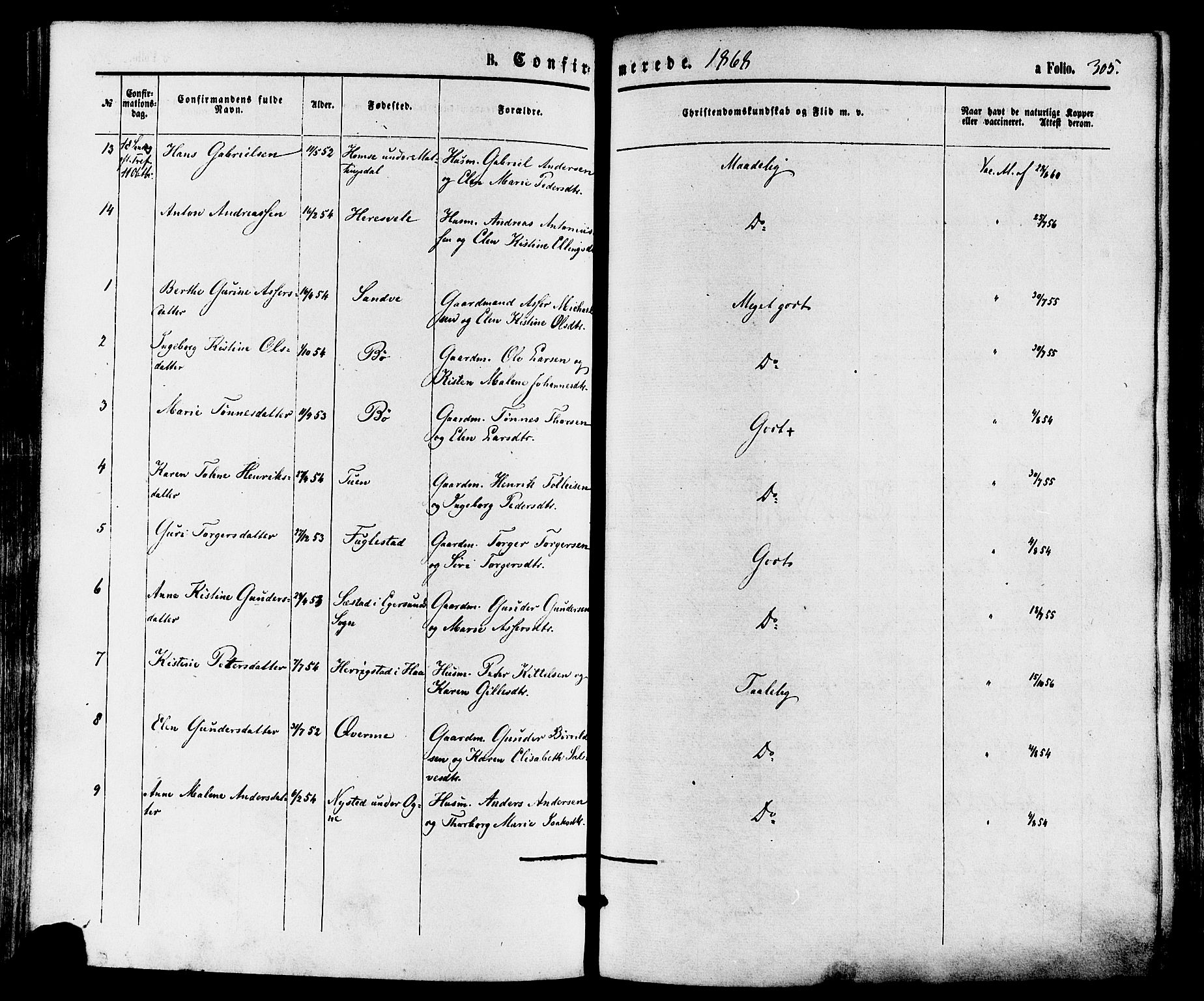 Eigersund sokneprestkontor, AV/SAST-A-101807/S08/L0014: Parish register (official) no. A 13, 1866-1878, p. 305