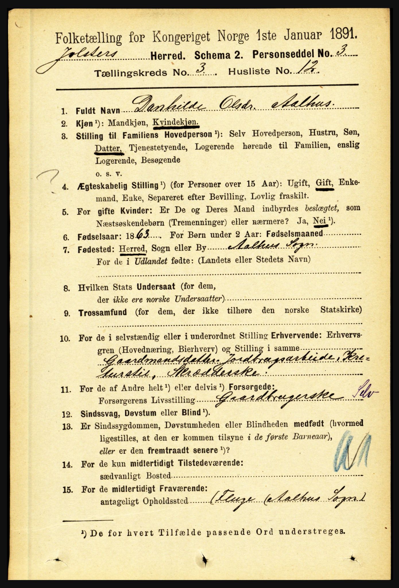 RA, 1891 census for 1431 Jølster, 1891, p. 1052