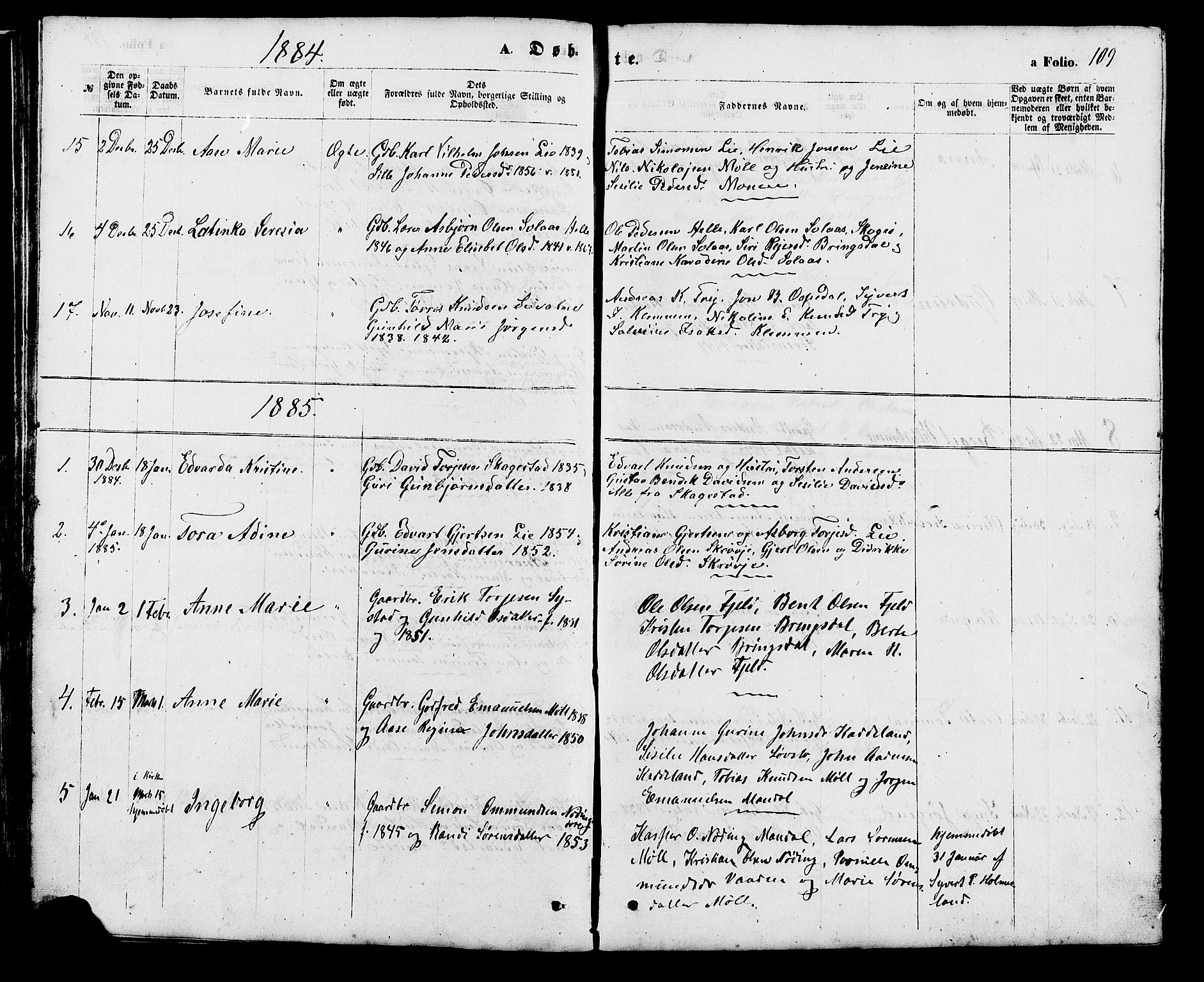 Holum sokneprestkontor, SAK/1111-0022/F/Fb/Fba/L0004: Parish register (copy) no. B 4, 1867-1890, p. 109