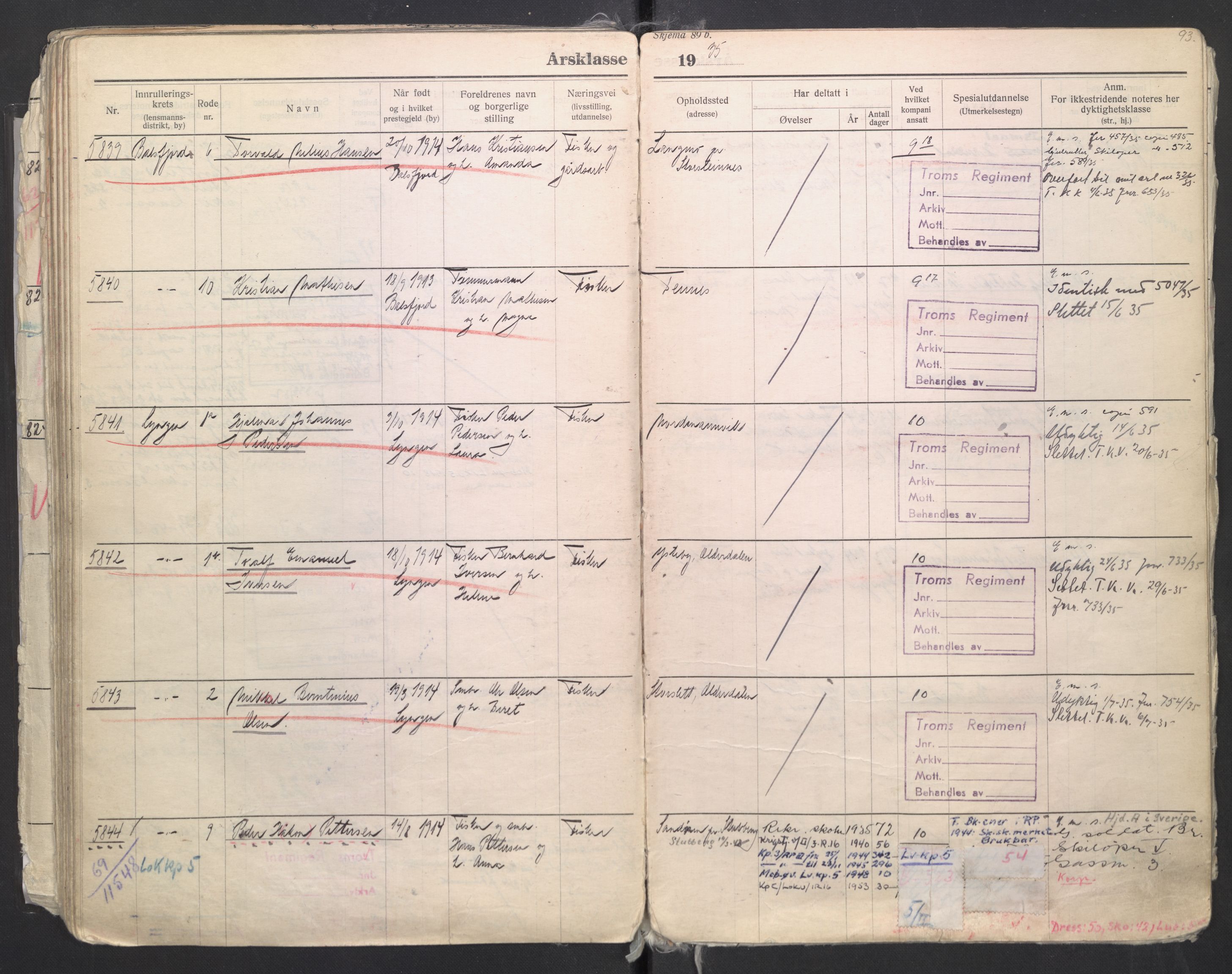 Forsvaret, Troms infanteriregiment nr. 16, AV/RA-RAFA-3146/P/Pa/L0006/0008: Ruller / Rulle for regimentets menige mannskaper, årsklasse 1935, 1935, p. 93