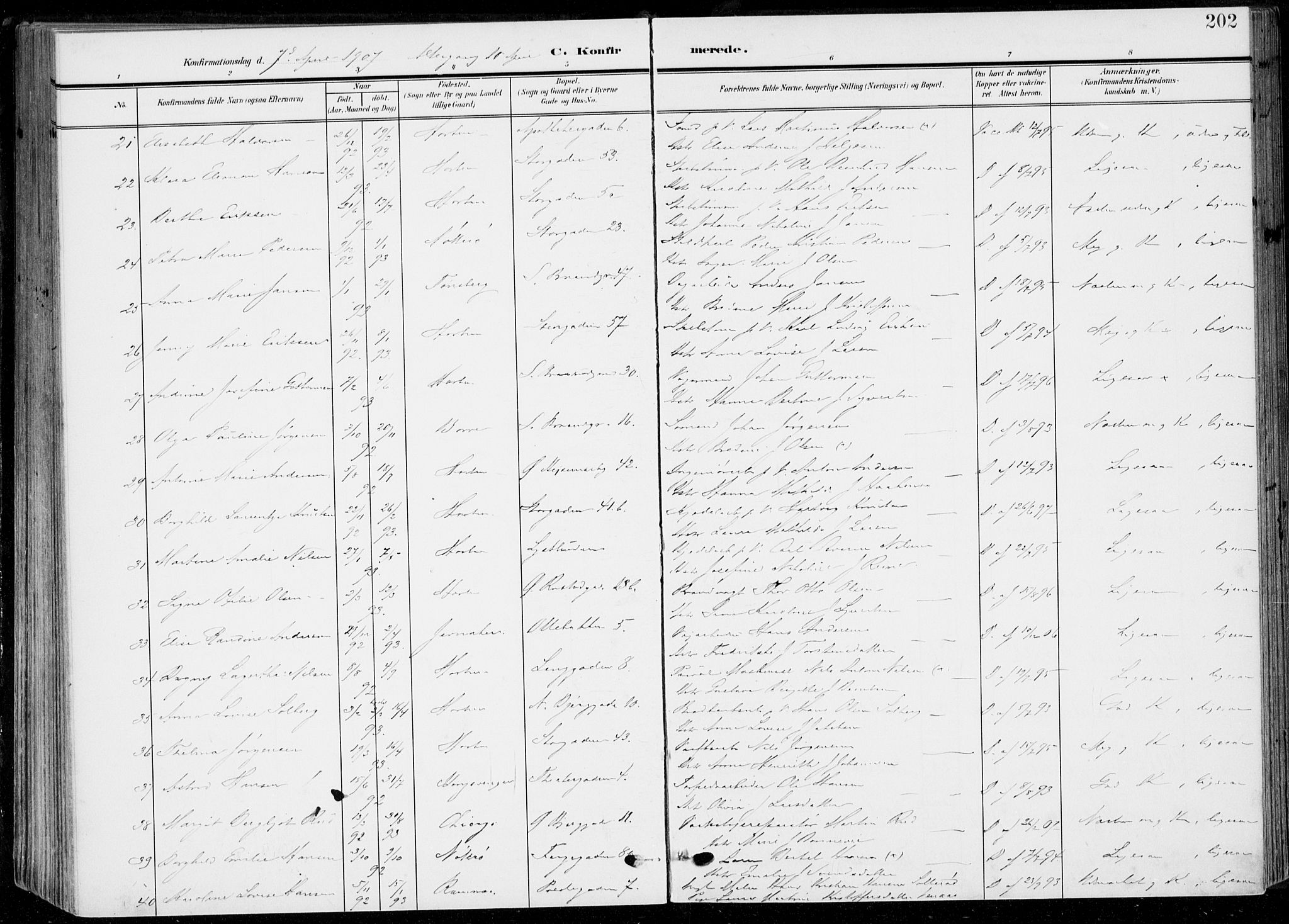 Horten kirkebøker, AV/SAKO-A-348/F/Fa/L0006: Parish register (official) no. 6, 1905-1912, p. 202