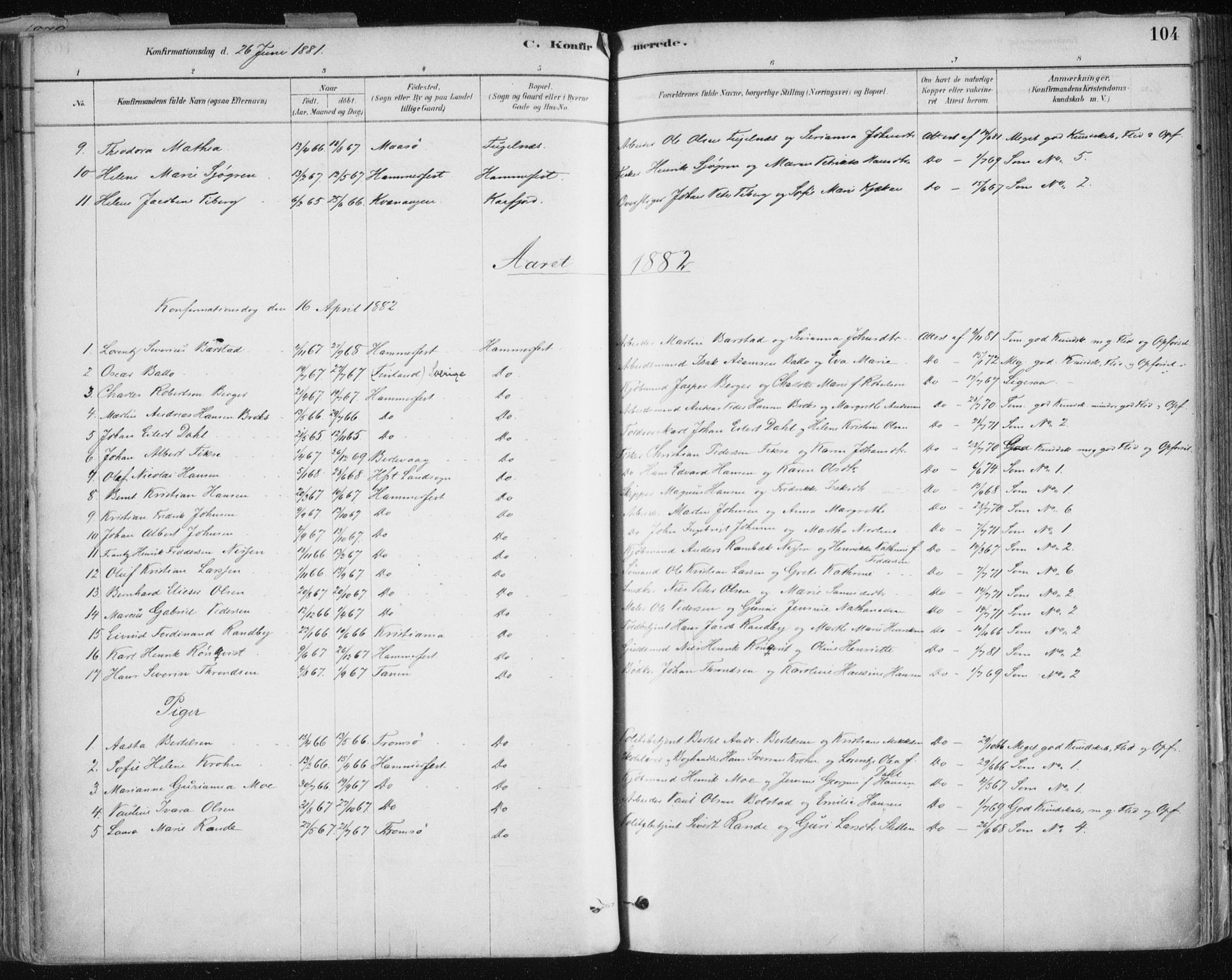 Hammerfest sokneprestkontor, SATØ/S-1347/H/Ha/L0008.kirke: Parish register (official) no. 8, 1878-1889, p. 104