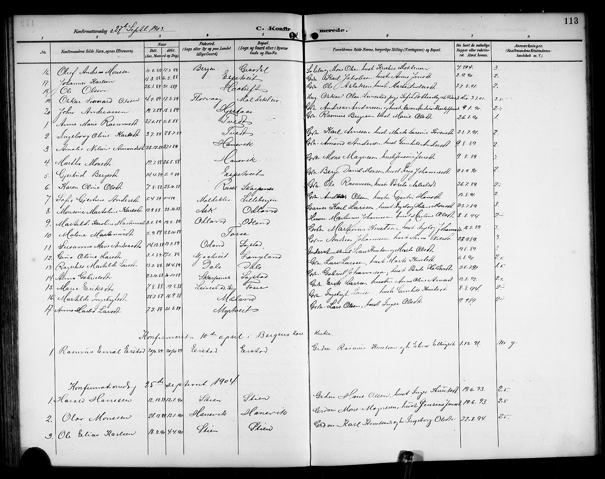 Alversund Sokneprestembete, SAB/A-73901/H/Ha/Hab: Parish register (copy) no. C 4, 1894-1924, p. 113