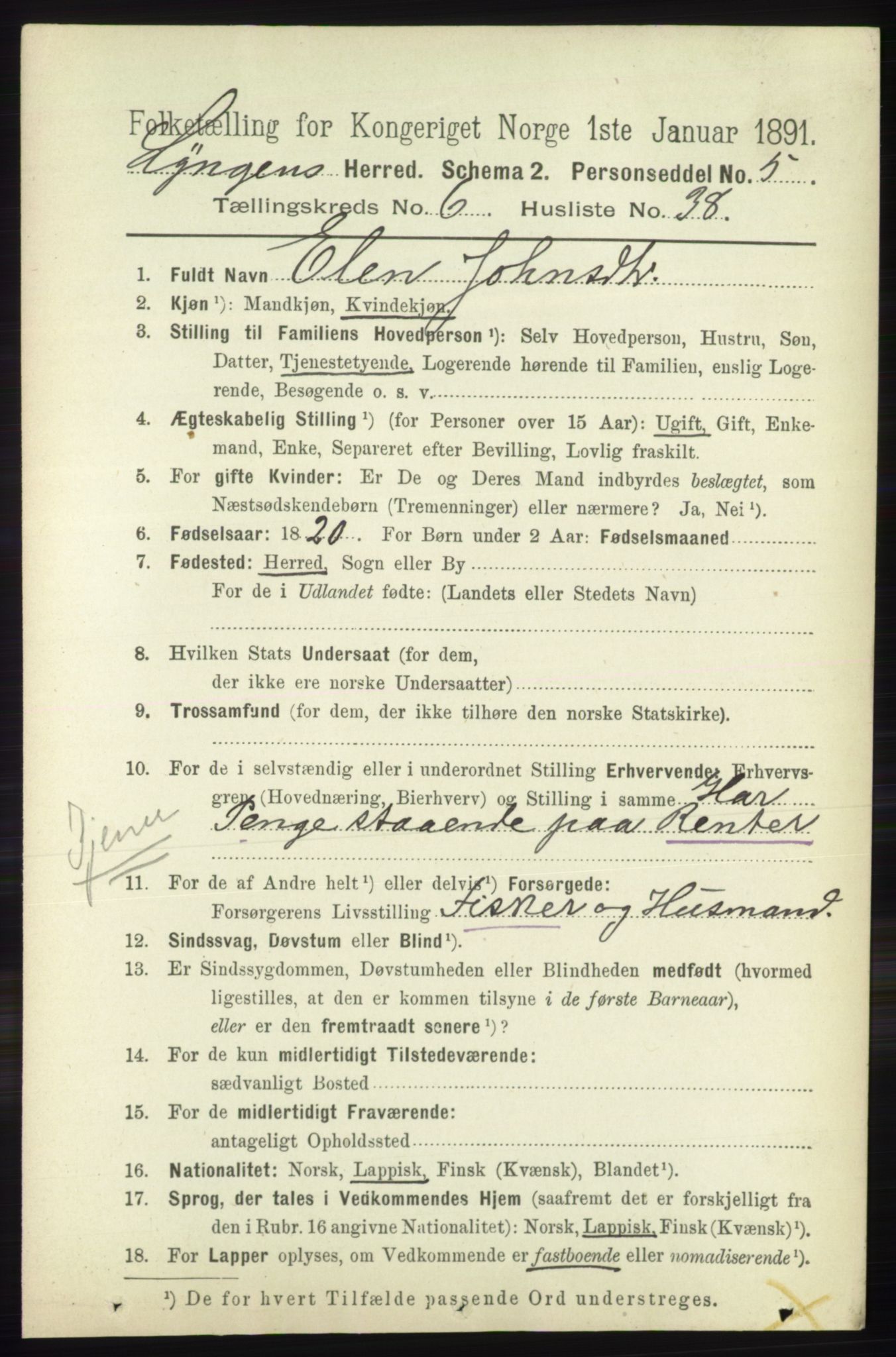 RA, 1891 census for 1938 Lyngen, 1891, p. 5535