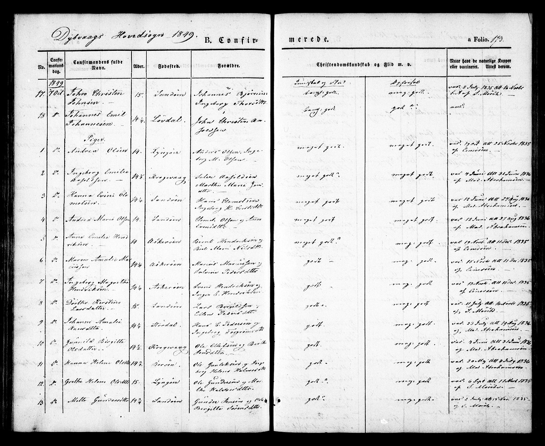 Dypvåg sokneprestkontor, SAK/1111-0007/F/Fa/Faa/L0005: Parish register (official) no. A 5, 1841-1854, p. 173