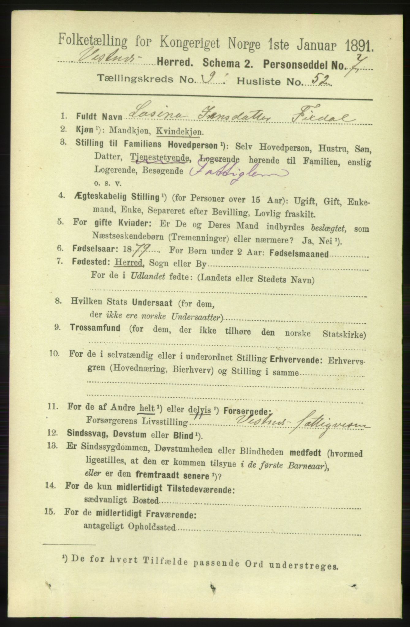 RA, 1891 census for 1535 Vestnes, 1891, p. 3643