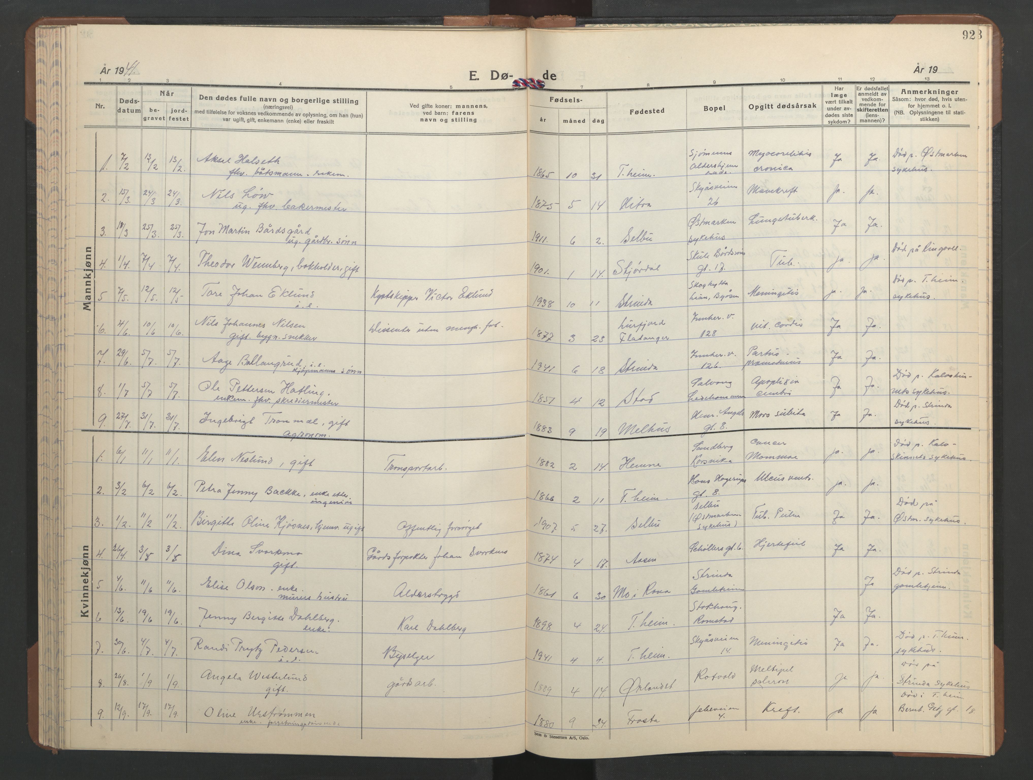 Ministerialprotokoller, klokkerbøker og fødselsregistre - Sør-Trøndelag, SAT/A-1456/606/L0315: Parish register (copy) no. 606C11, 1938-1947, p. 92