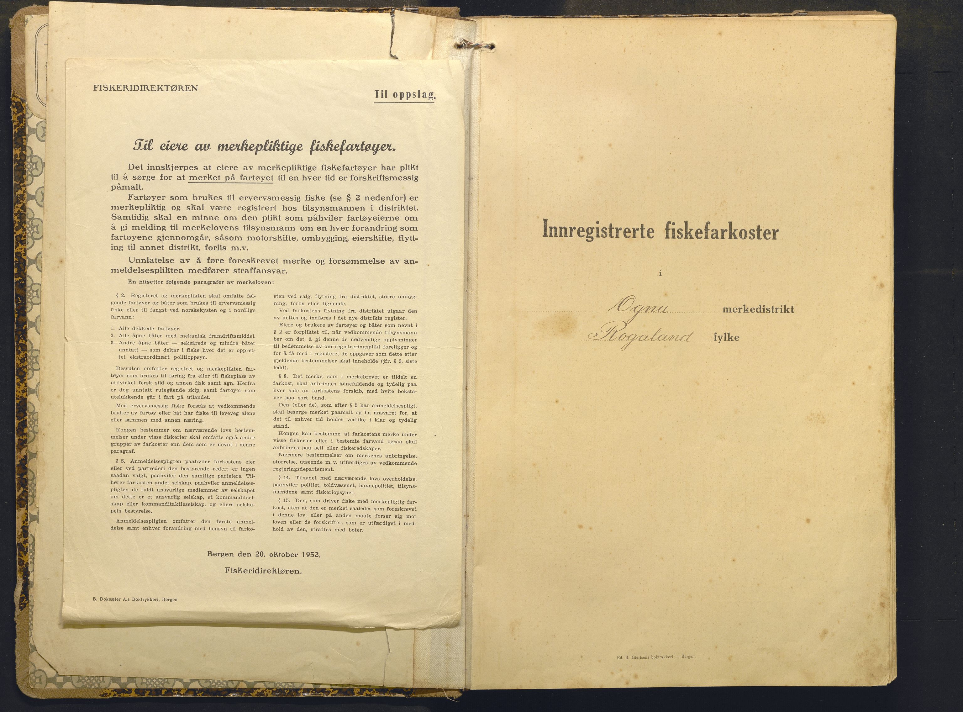 Fiskeridirektoratet - 1 Adm. ledelse - 13 Båtkontoret, AV/SAB-A-2003/I/Ia/Iai/L0075: 135.0928/1 Merkeprotokoll - Ogna, 1920-1963