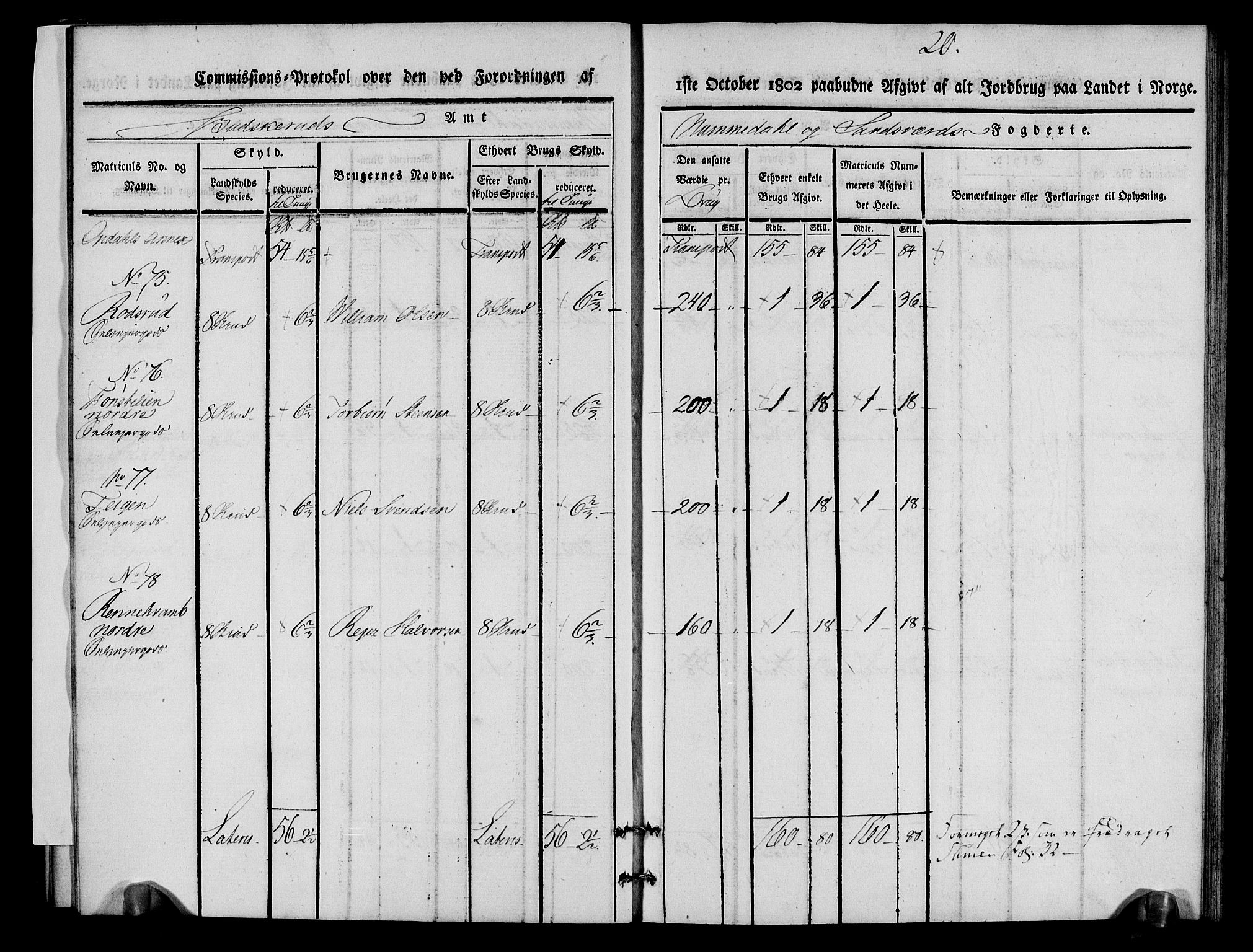 Rentekammeret inntil 1814, Realistisk ordnet avdeling, AV/RA-EA-4070/N/Ne/Nea/L0056b: Numedal og Sandsvær fogderi. Kommisjonsprotokoll over matrikulerte jordbruk i Uvdal og Nore annekser, 1803, p. 20