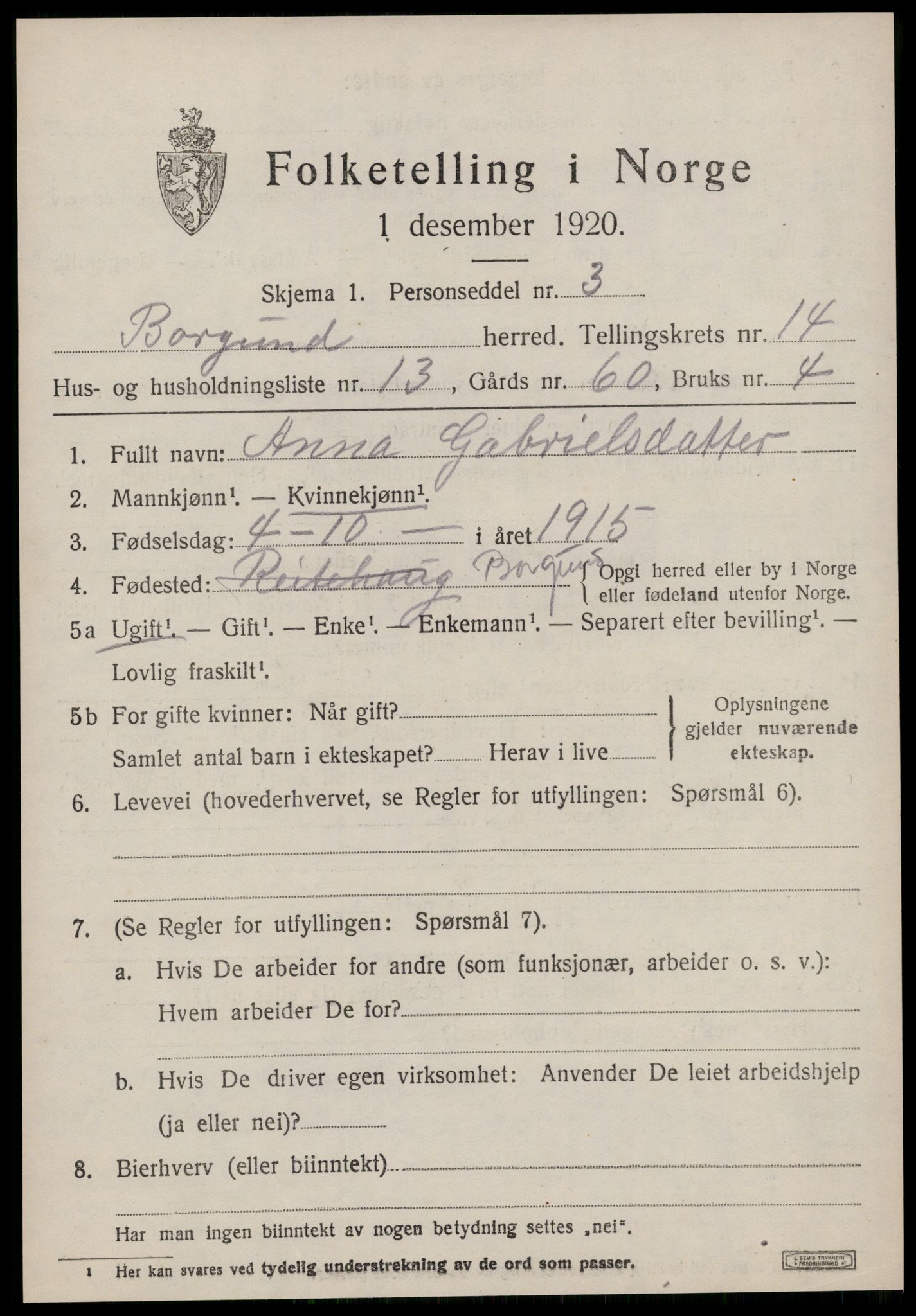 SAT, 1920 census for Borgund, 1920, p. 11234