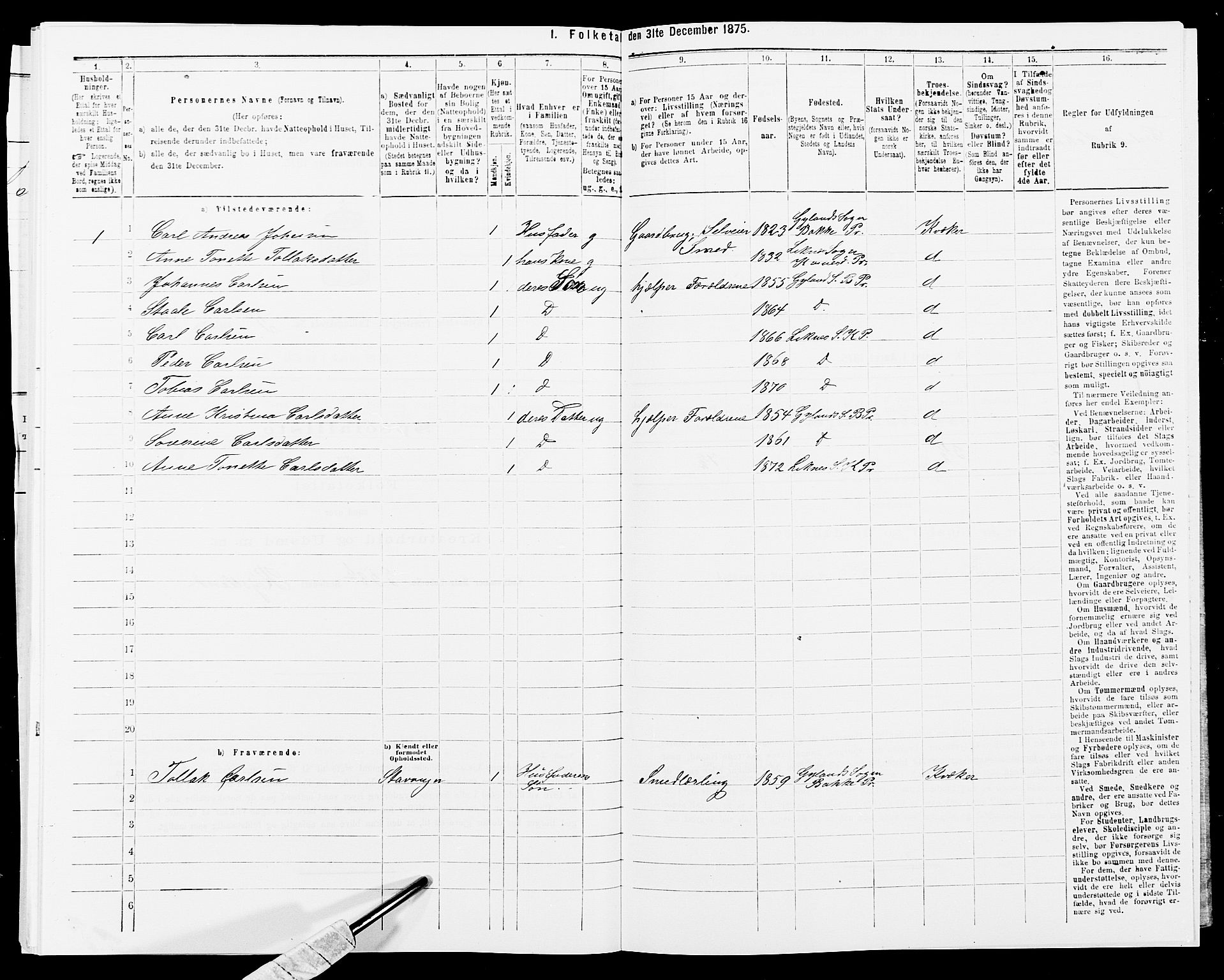 SAK, 1875 census for 1037P Kvinesdal, 1875, p. 905