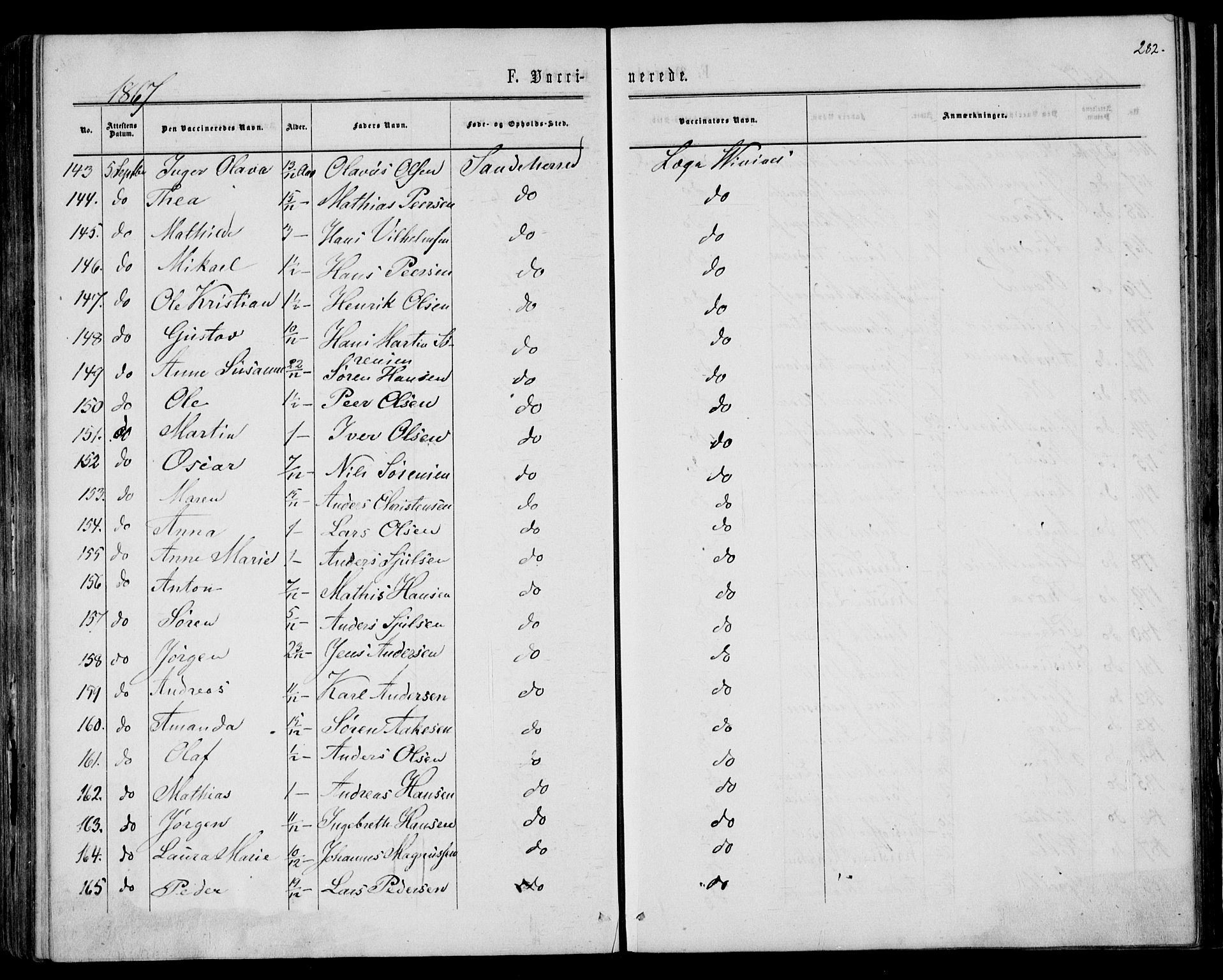 Sandar kirkebøker, AV/SAKO-A-243/F/Fa/L0009: Parish register (official) no. 9, 1862-1871, p. 282