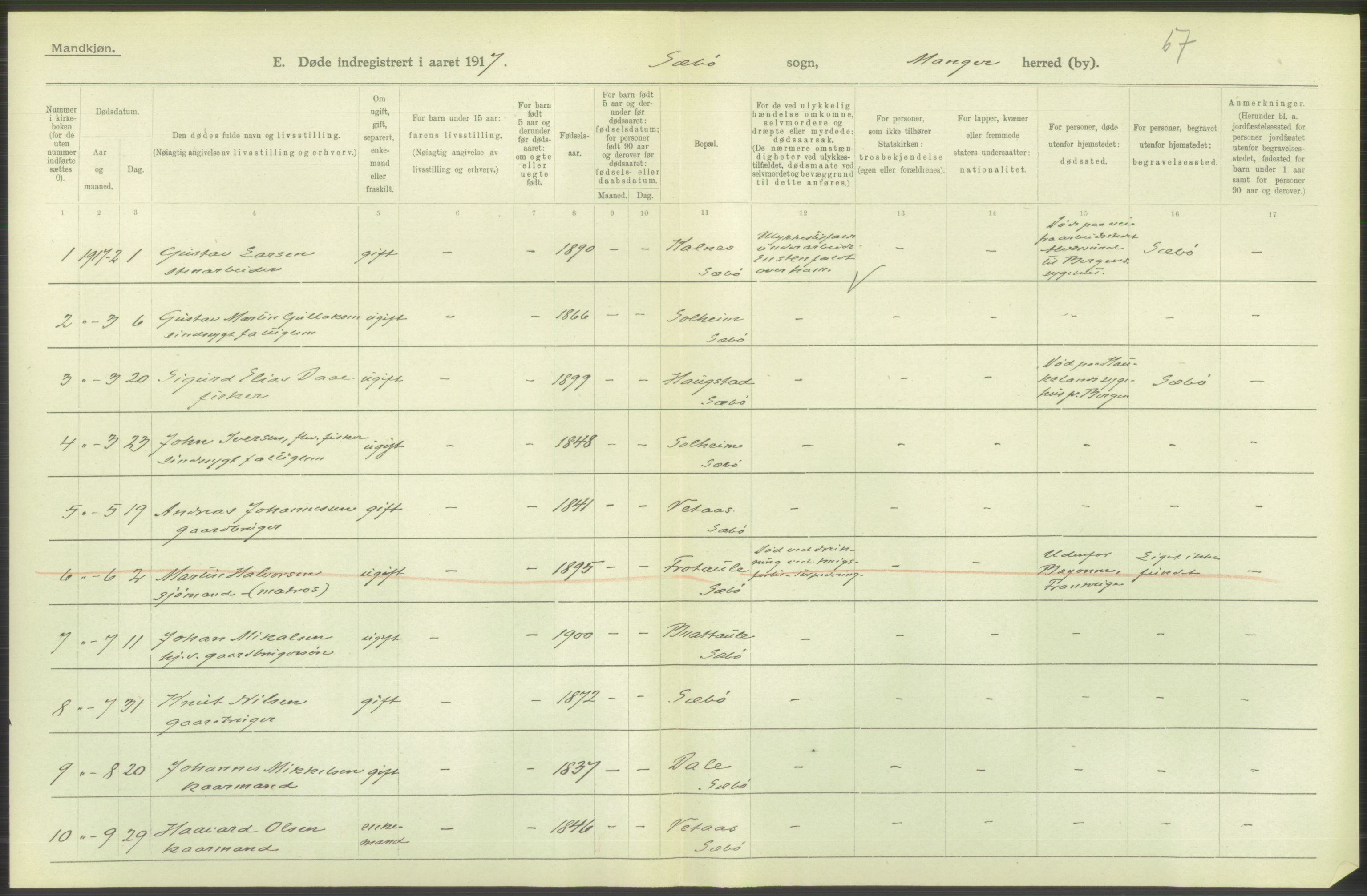 Statistisk sentralbyrå, Sosiodemografiske emner, Befolkning, AV/RA-S-2228/D/Df/Dfb/Dfbg/L0036: S. Bergenhus amt: Døde, dødfødte. Bygder., 1917, p. 596