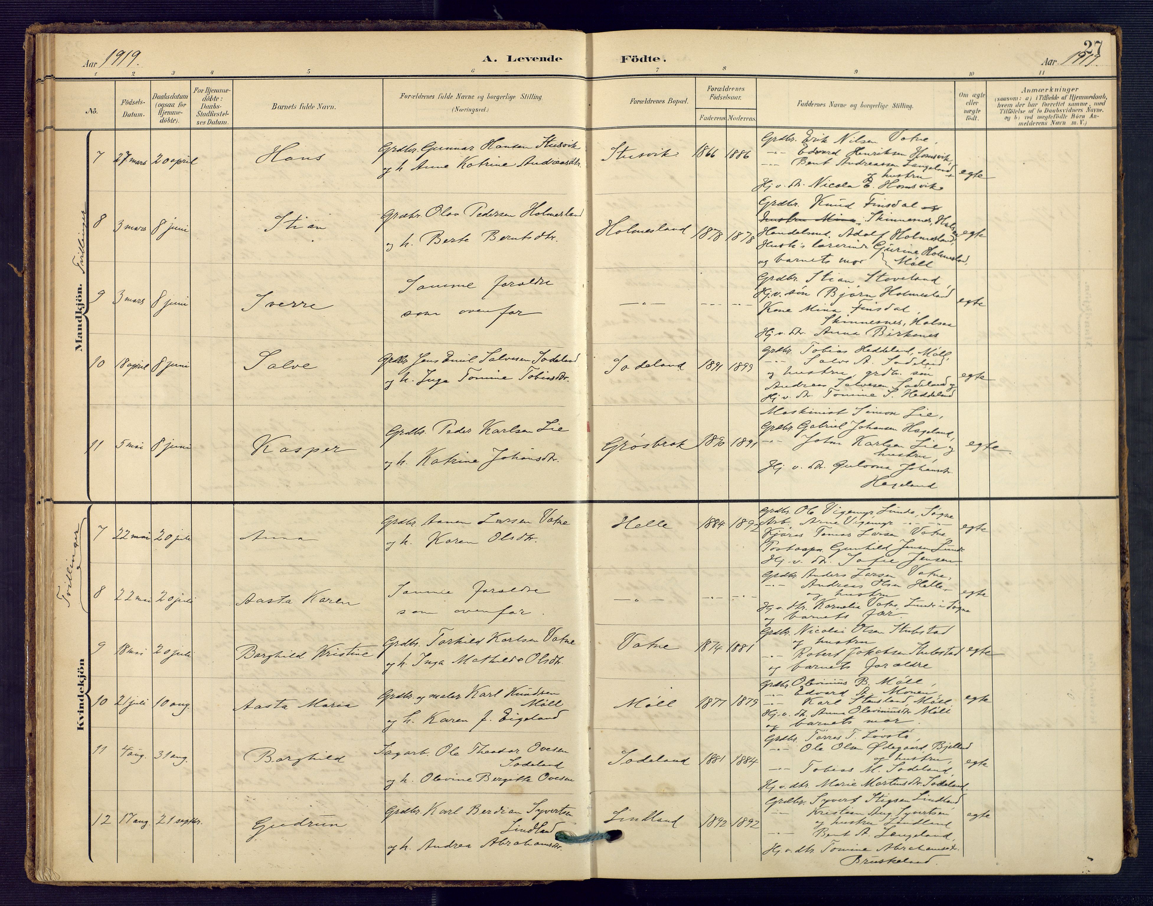 Holum sokneprestkontor, SAK/1111-0022/F/Fa/Faa/L0008: Parish register (official) no. A 8, 1908-1929, p. 27