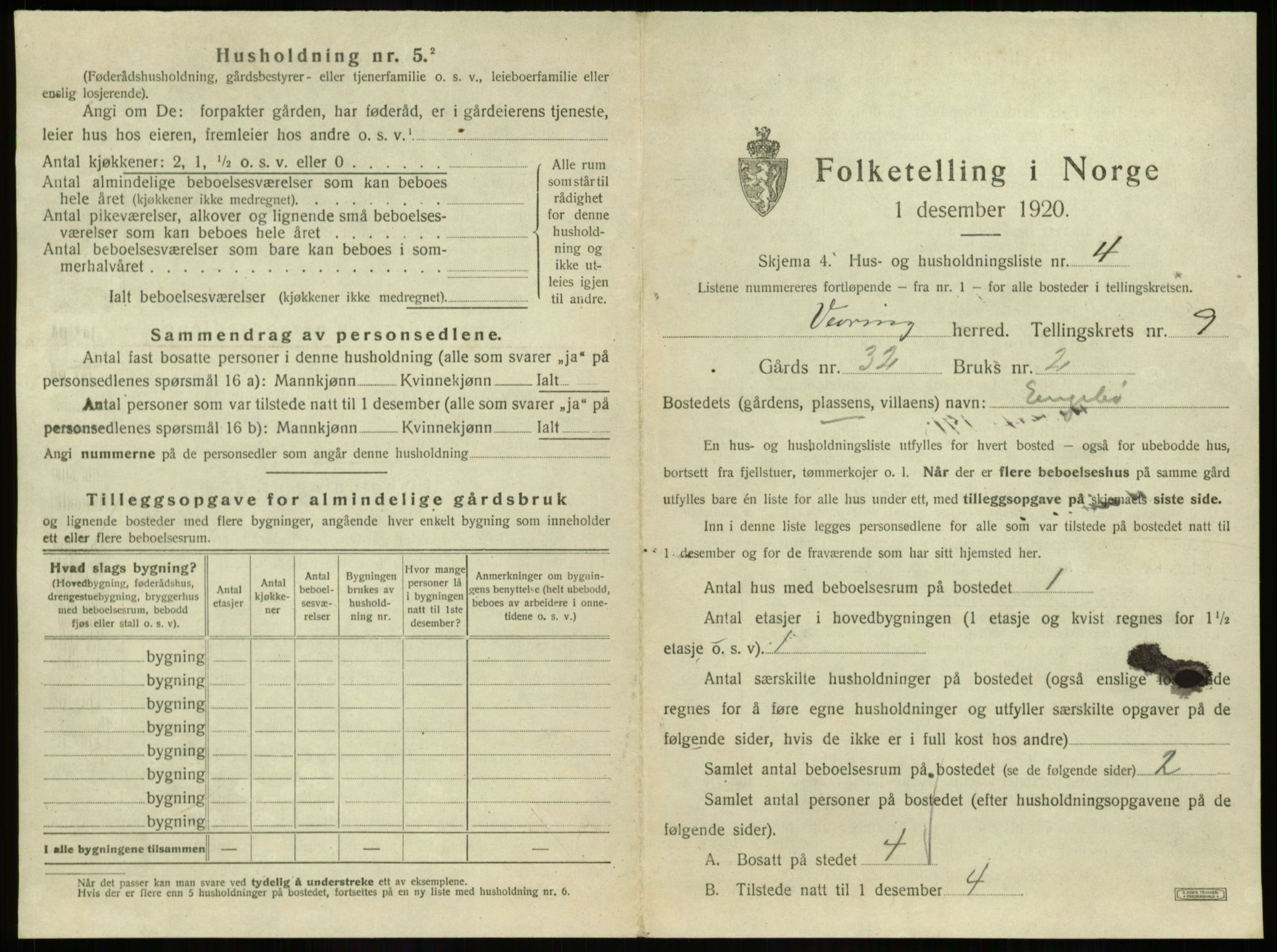 SAB, 1920 census for Vevring, 1920, p. 375