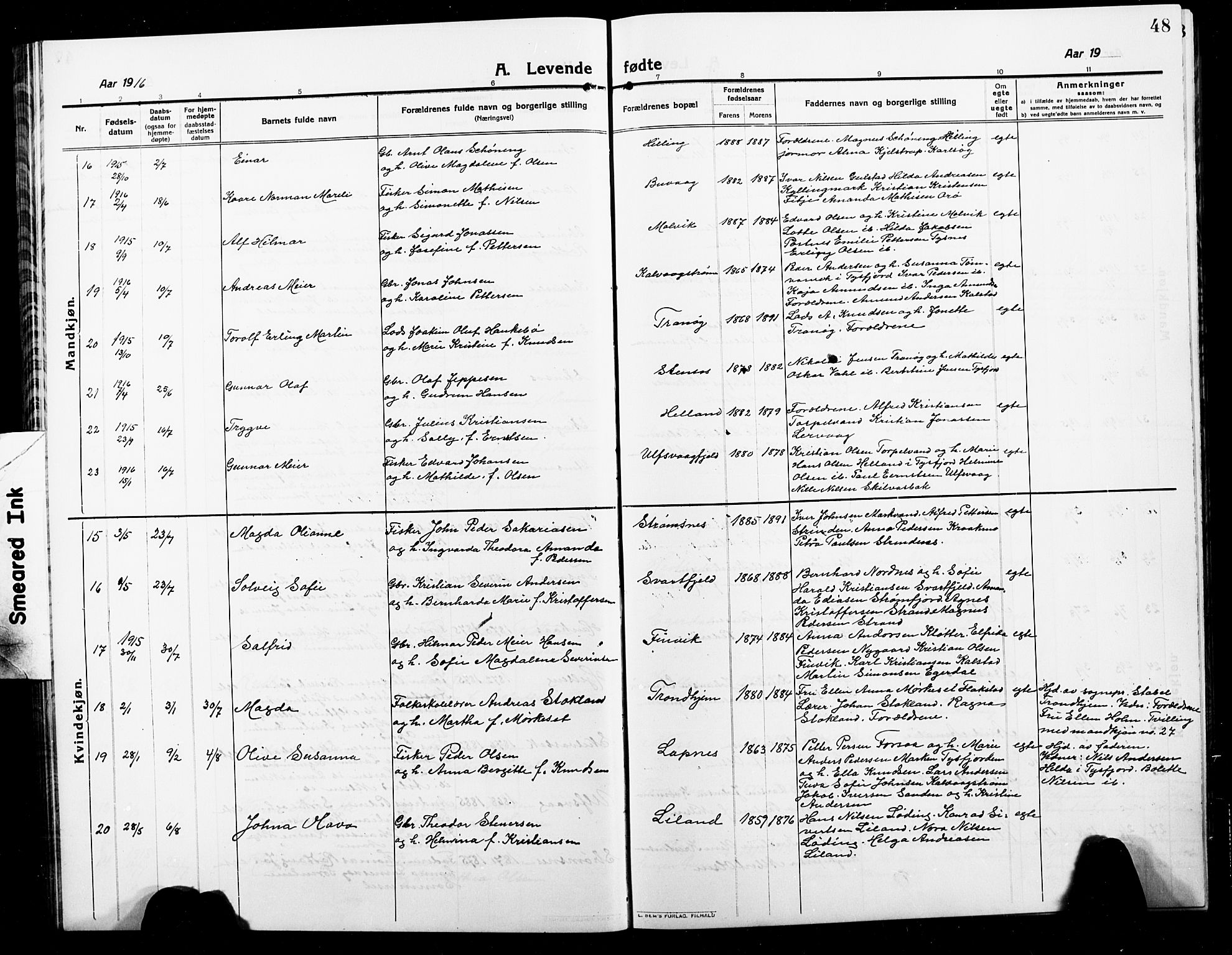 Ministerialprotokoller, klokkerbøker og fødselsregistre - Nordland, AV/SAT-A-1459/859/L0861: Parish register (copy) no. 859C07, 1910-1925, p. 48