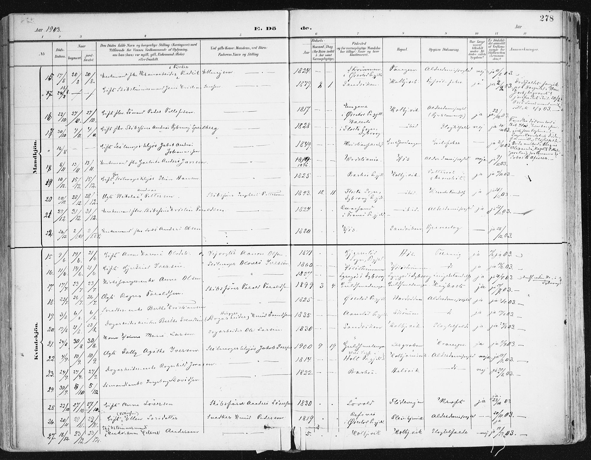 Hisøy sokneprestkontor, AV/SAK-1111-0020/F/Fa/L0004: Parish register (official) no. A 4, 1895-1917, p. 278