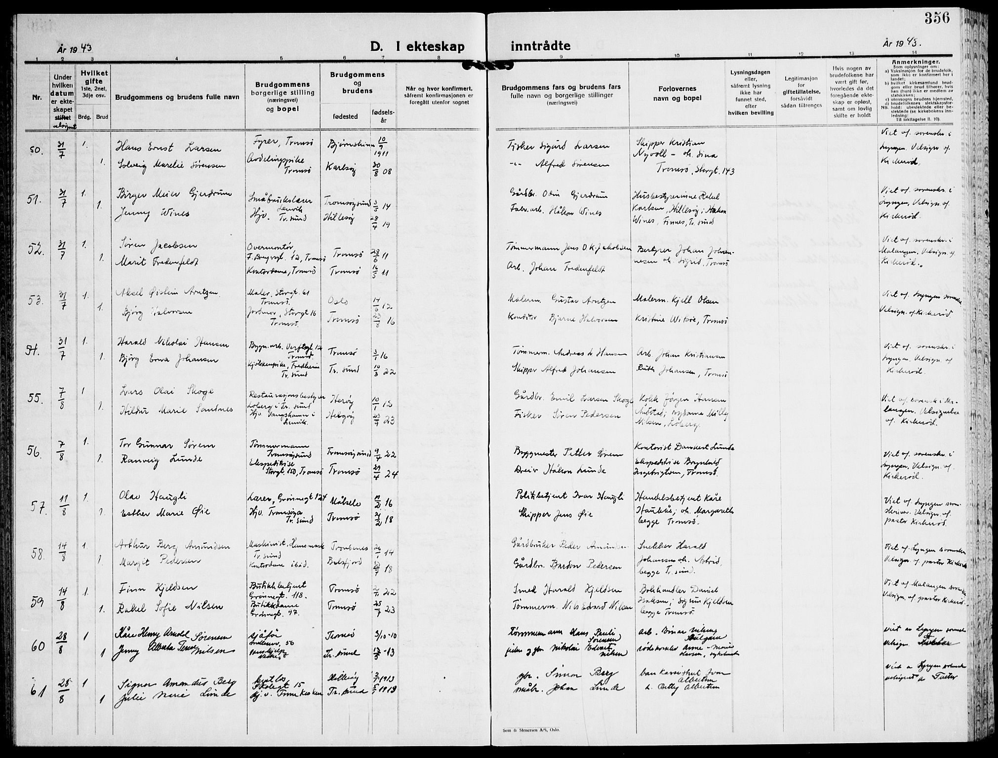 Tromsø sokneprestkontor/stiftsprosti/domprosti, SATØ/S-1343/G/Gb/L0011klokker: Parish register (copy) no. 11, 1942-1944, p. 356