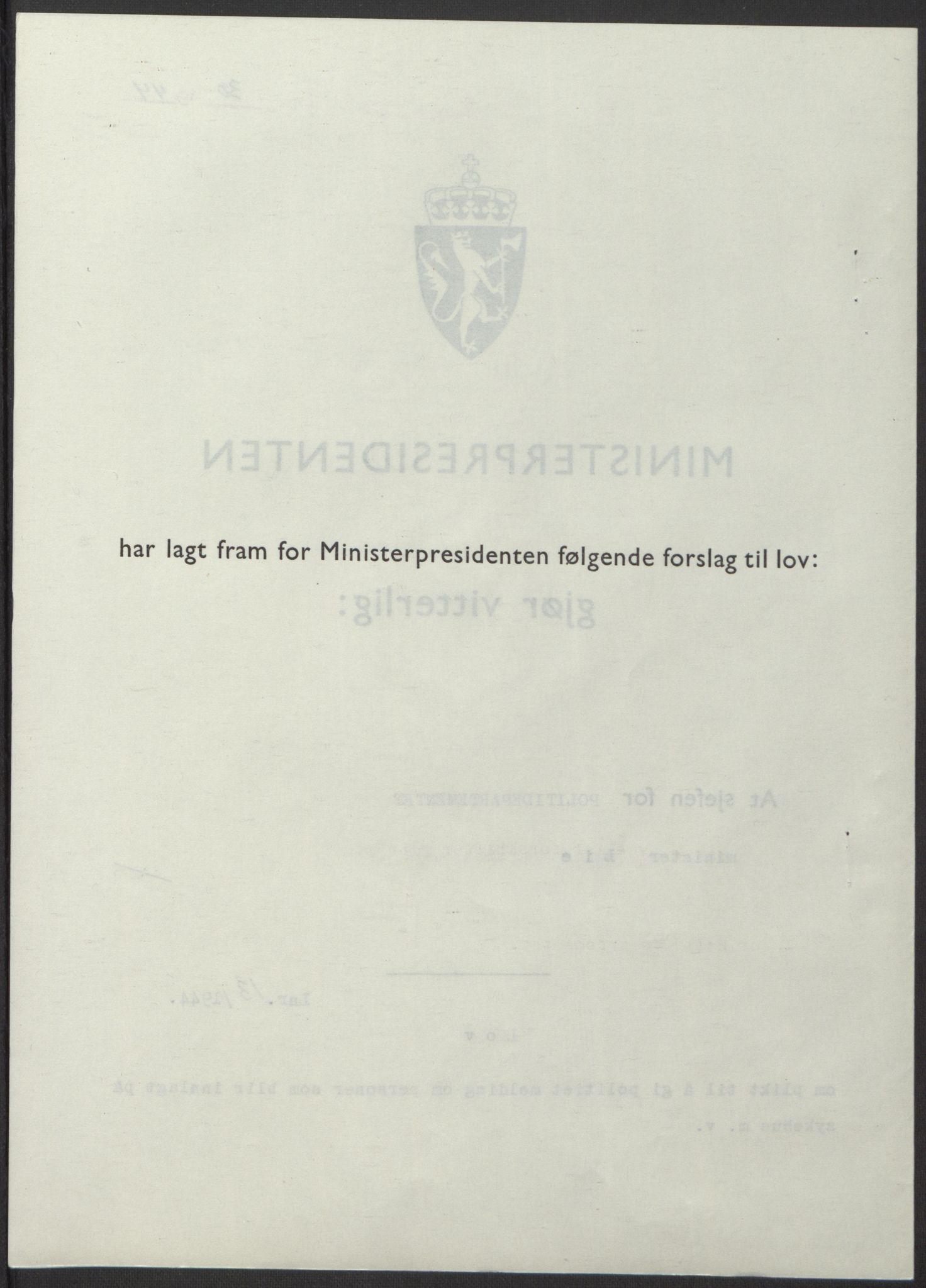 NS-administrasjonen 1940-1945 (Statsrådsekretariatet, de kommisariske statsråder mm), RA/S-4279/D/Db/L0100: Lover, 1944, p. 57