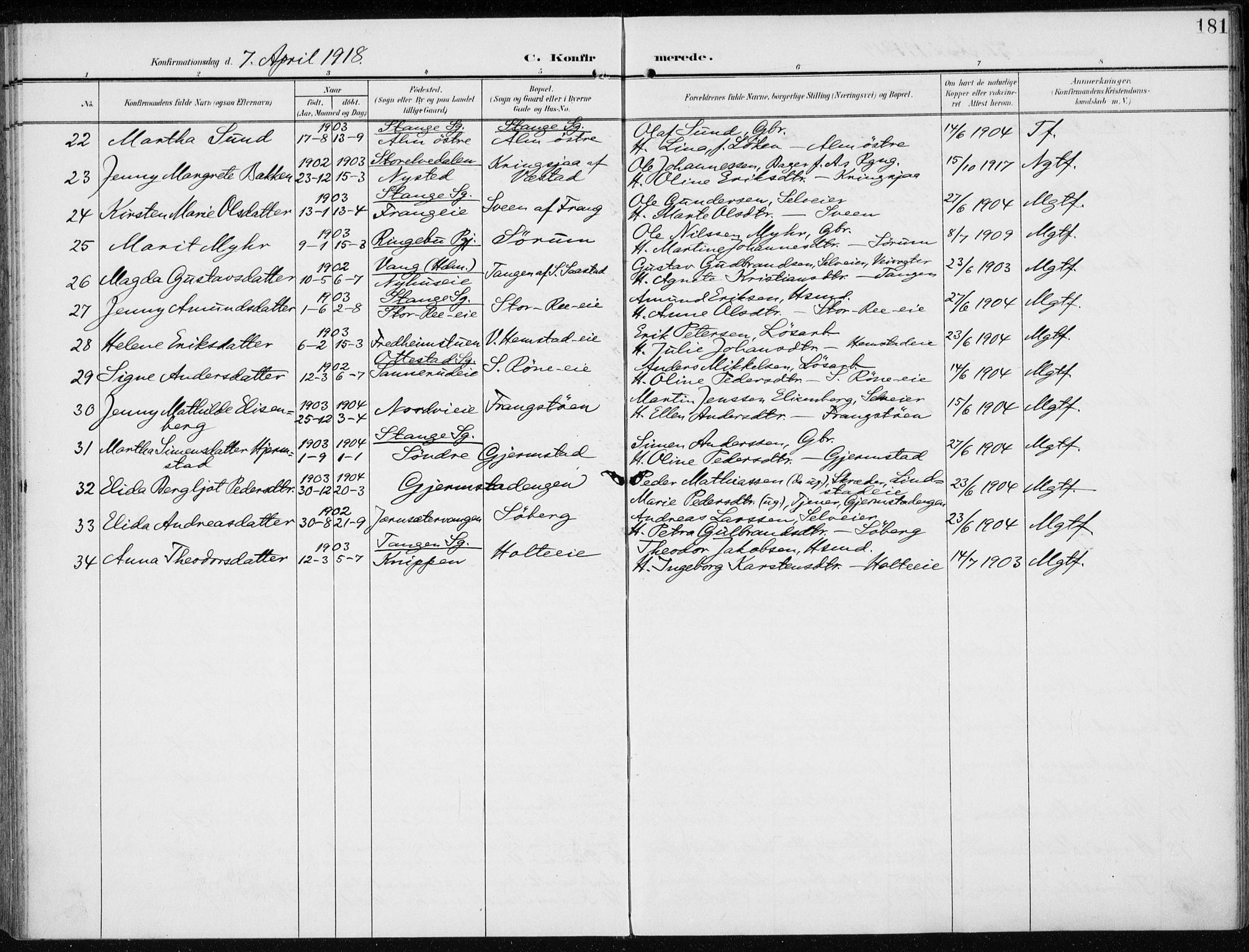 Stange prestekontor, AV/SAH-PREST-002/K/L0024: Parish register (official) no. 24, 1906-1922, p. 181