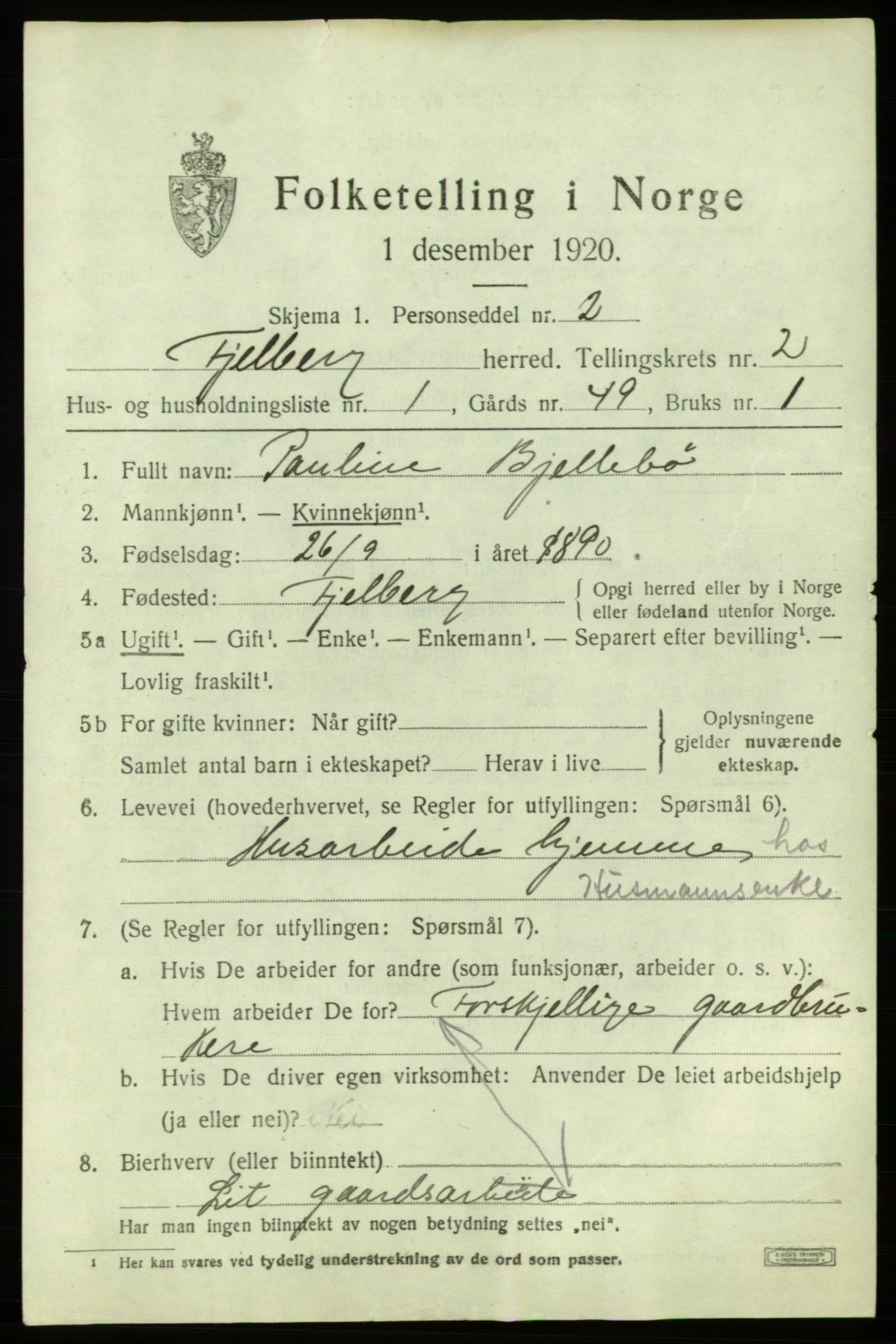 SAB, 1920 census for Fjelberg, 1920, p. 895