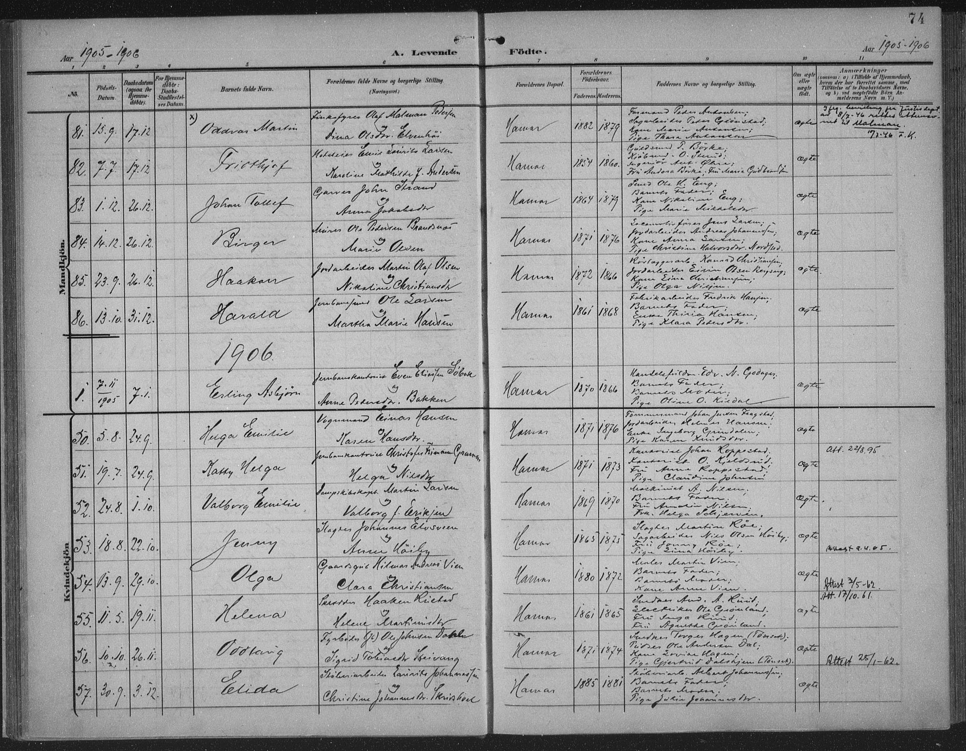 Hamar prestekontor, AV/SAH-DOMPH-002/H/Ha/Haa/L0001: Parish register (official) no. 1, 1900-1914, p. 74