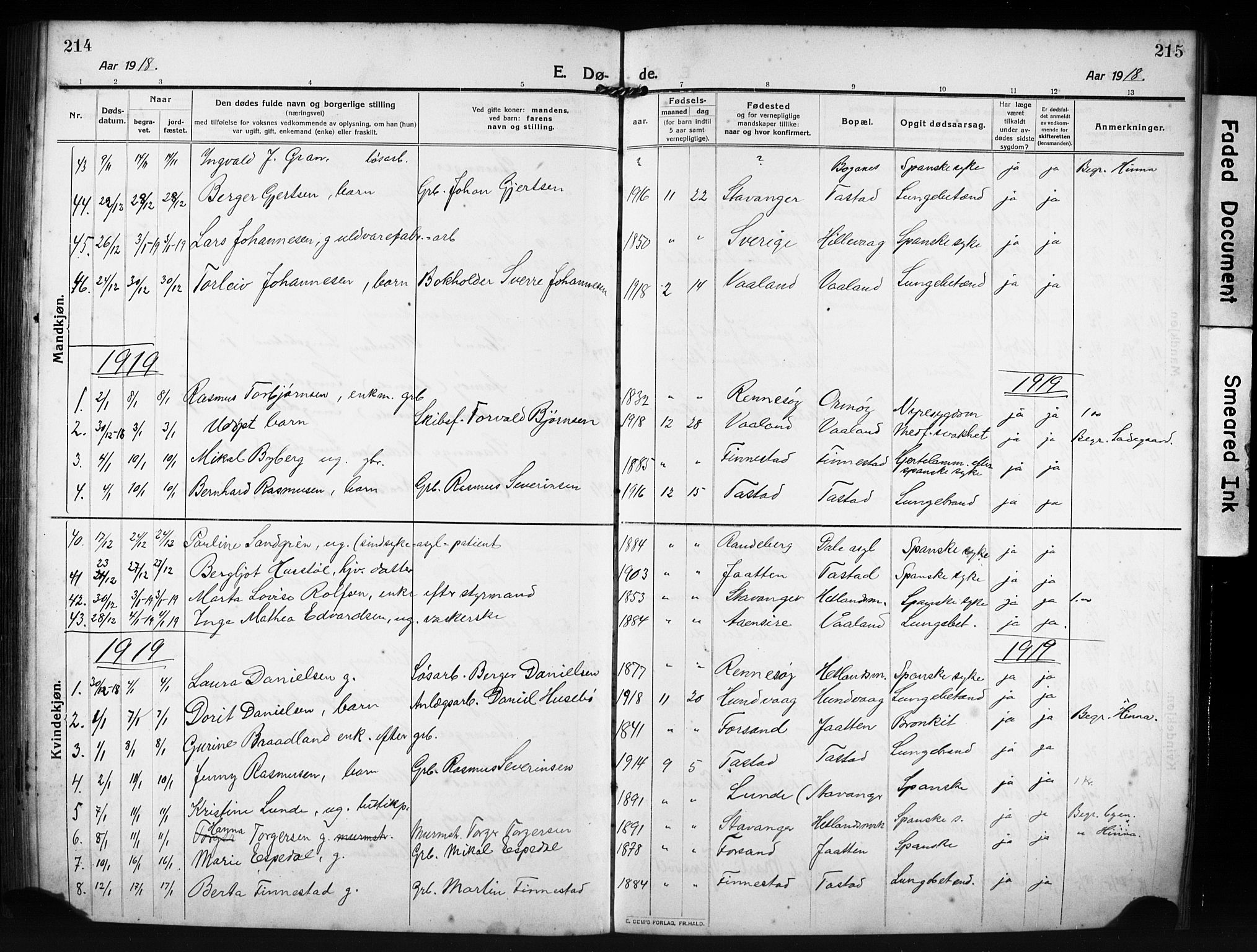 Hetland sokneprestkontor, SAST/A-101826/30/30BB/L0009: Parish register (copy) no. B 9, 1910-1931, p. 214-215