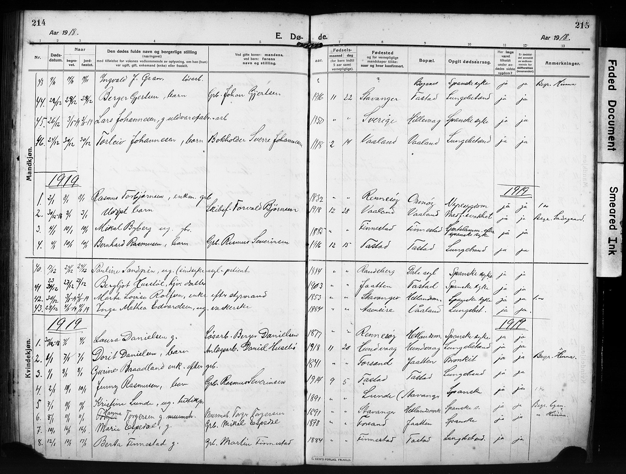 Hetland sokneprestkontor, AV/SAST-A-101826/30/30BB/L0009: Parish register (copy) no. B 9, 1910-1931, p. 214-215