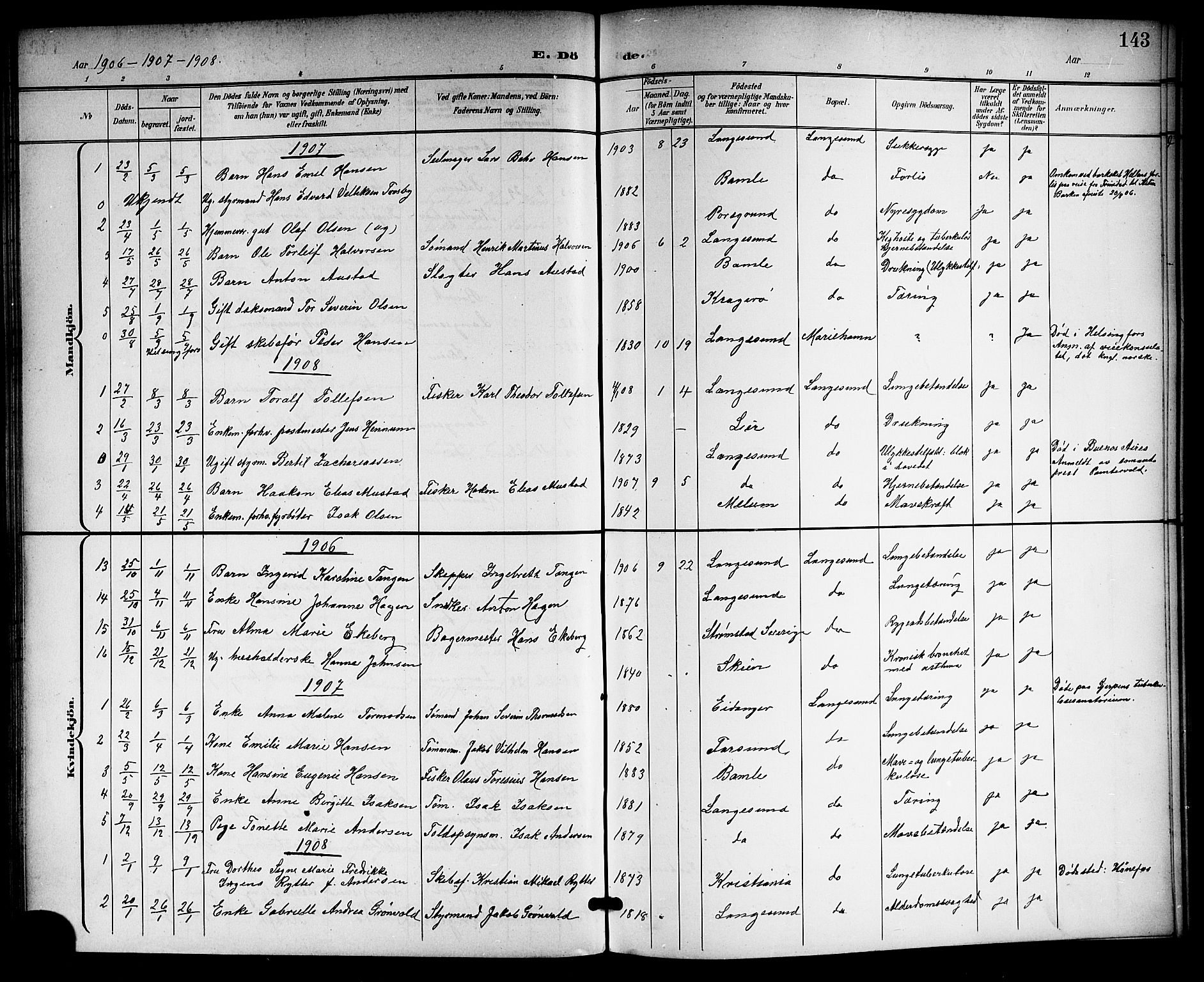 Langesund kirkebøker, SAKO/A-280/G/Ga/L0006: Parish register (copy) no. 6, 1899-1918, p. 143