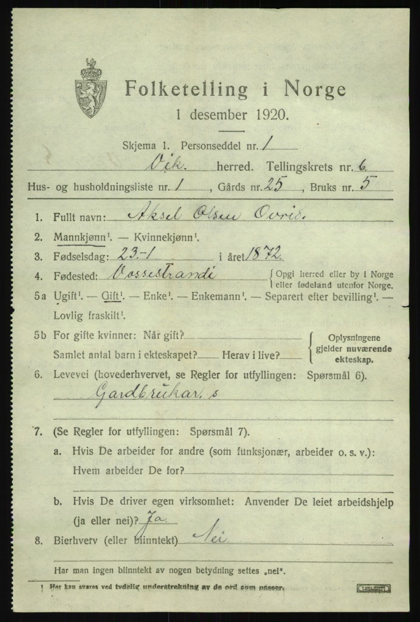 SAB, 1920 census for Vik, 1920, p. 4395