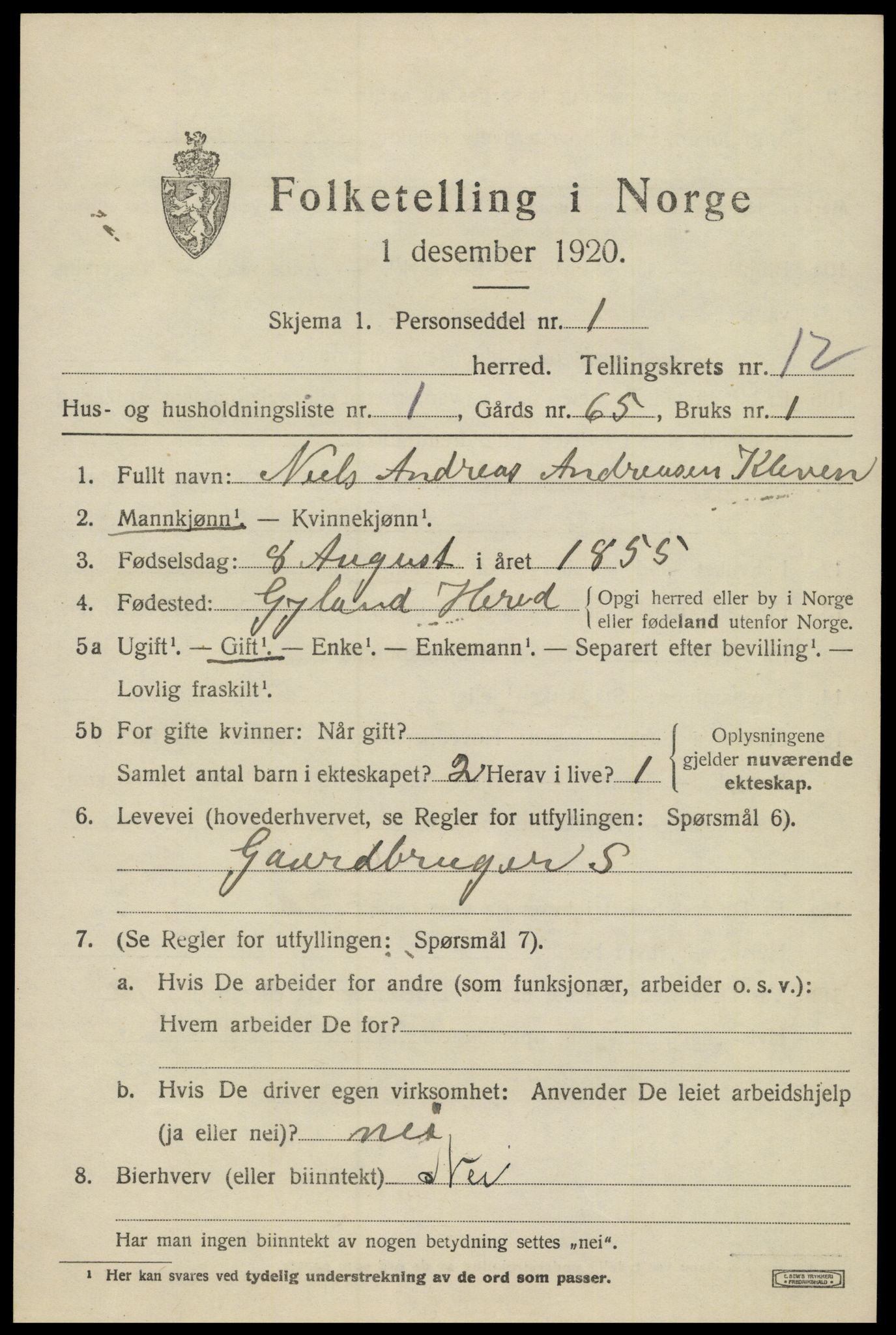 SAK, 1920 census for Gyland, 1920, p. 2422