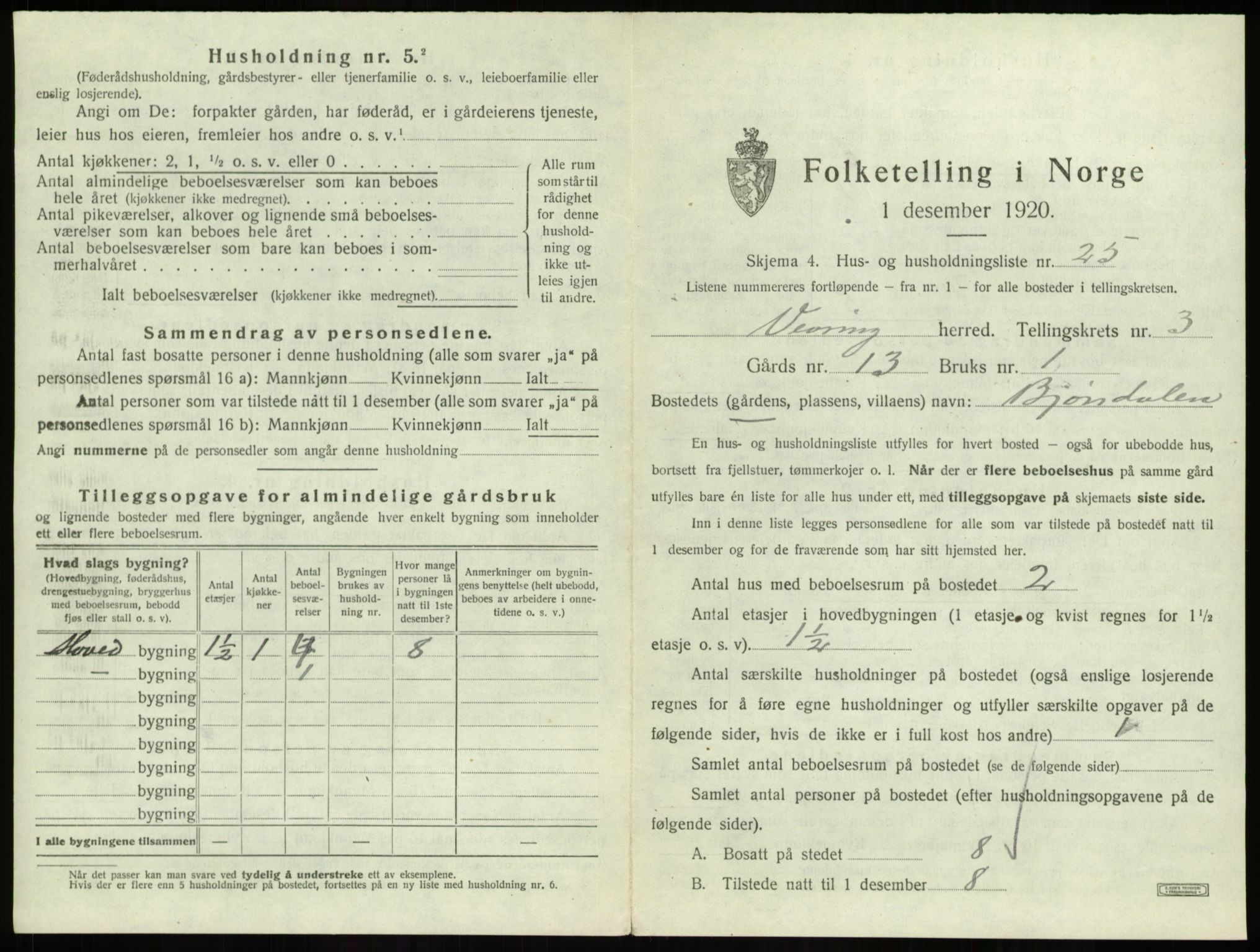 SAB, 1920 census for Vevring, 1920, p. 177