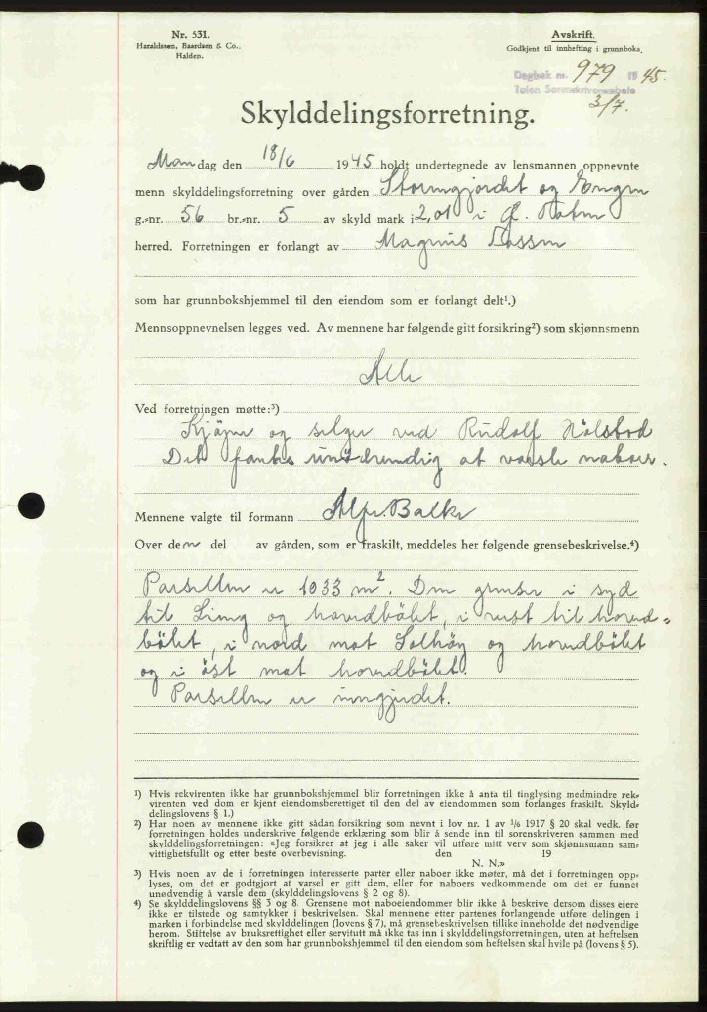Toten tingrett, SAH/TING-006/H/Hb/Hbc/L0013: Mortgage book no. Hbc-13, 1945-1945, Diary no: : 979/1945