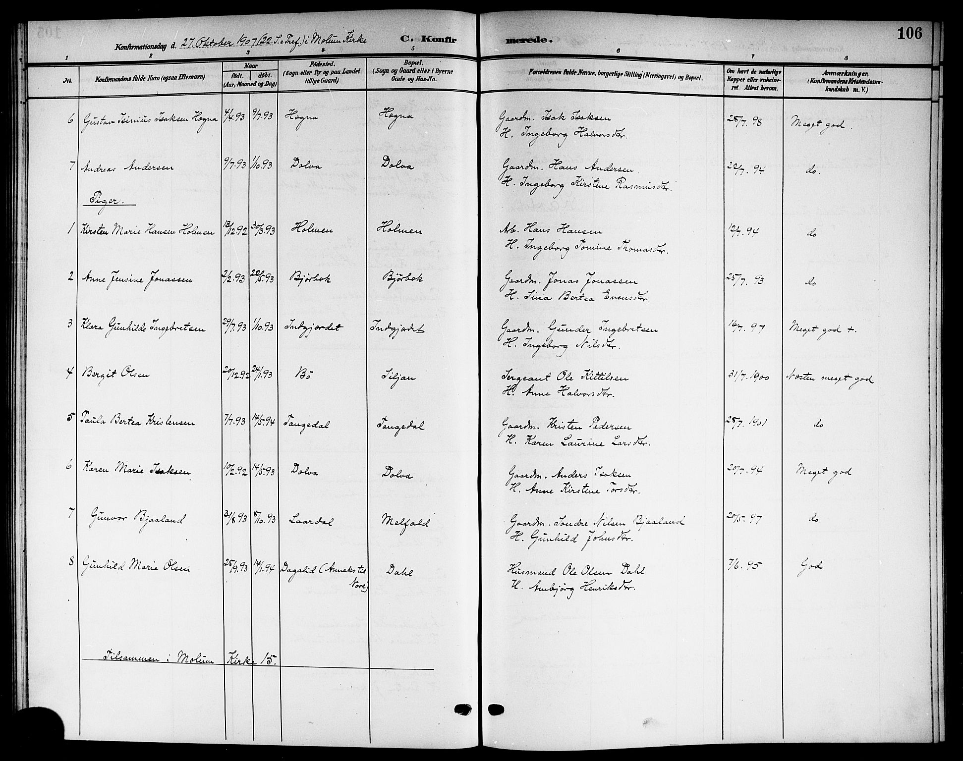 Solum kirkebøker, SAKO/A-306/G/Gb/L0005: Parish register (copy) no. II 5, 1905-1914, p. 106