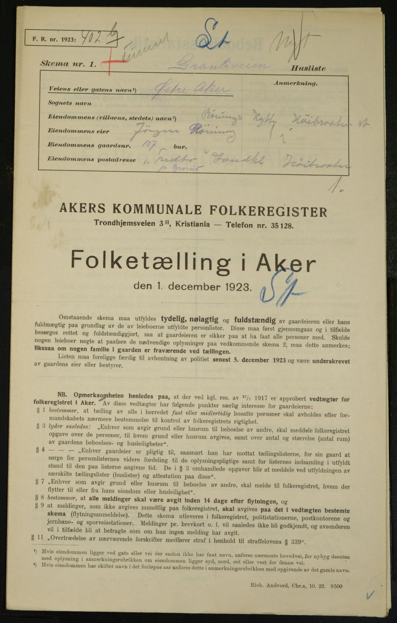 , Municipal Census 1923 for Aker, 1923, p. 25080