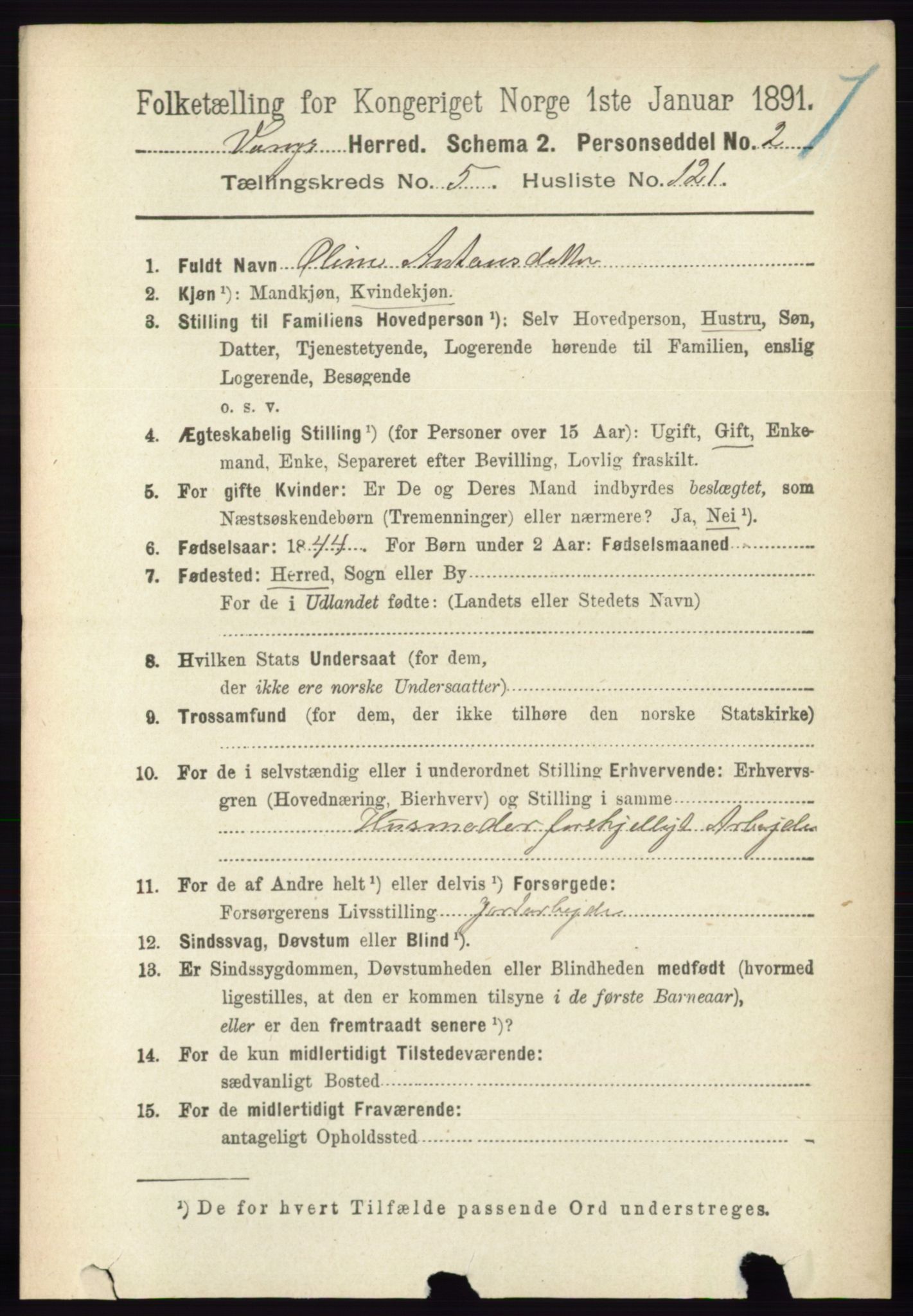 RA, 1891 census for 0414 Vang, 1891, p. 4157