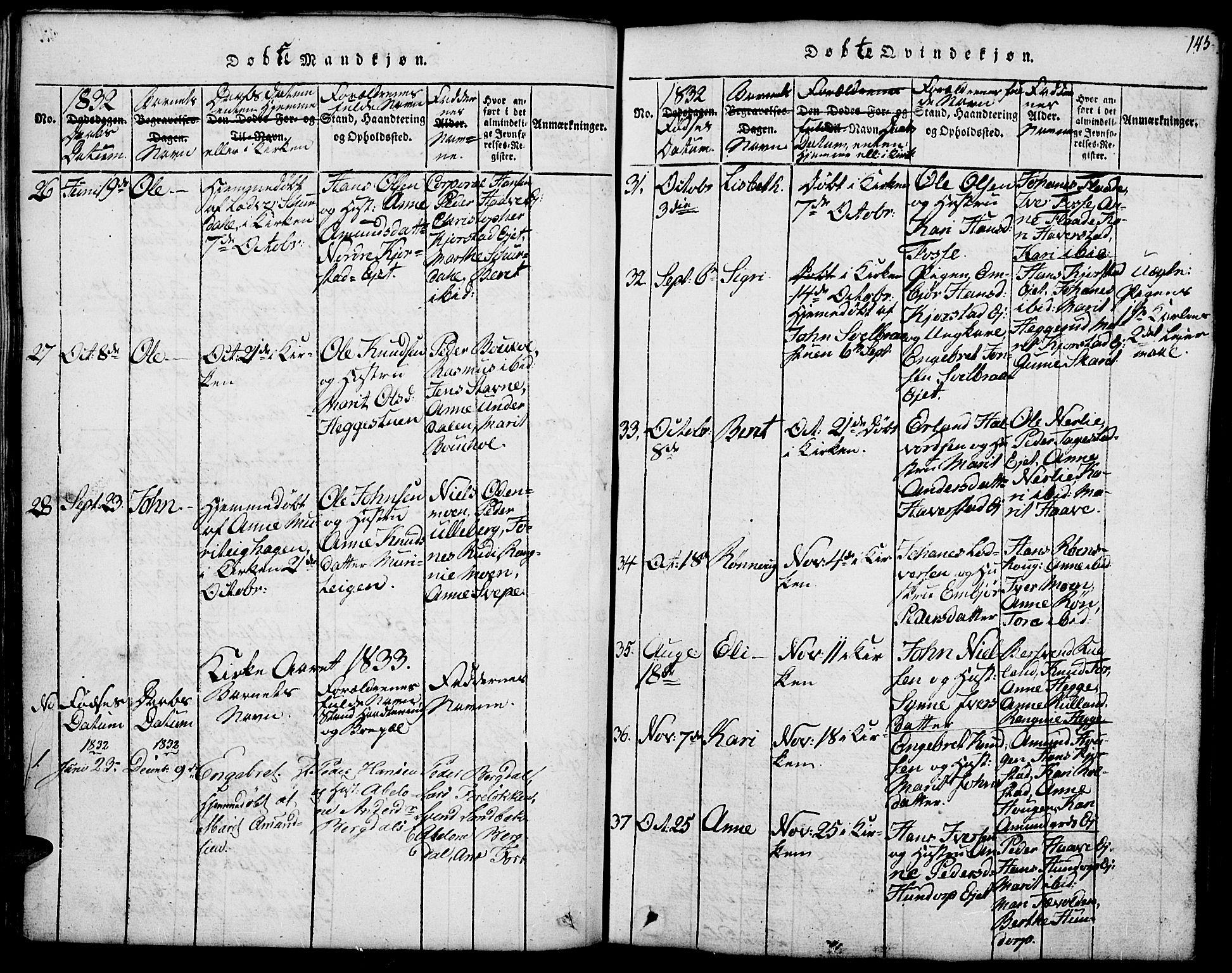Fron prestekontor, SAH/PREST-078/H/Ha/Hab/L0001: Parish register (copy) no. 1, 1816-1843, p. 145