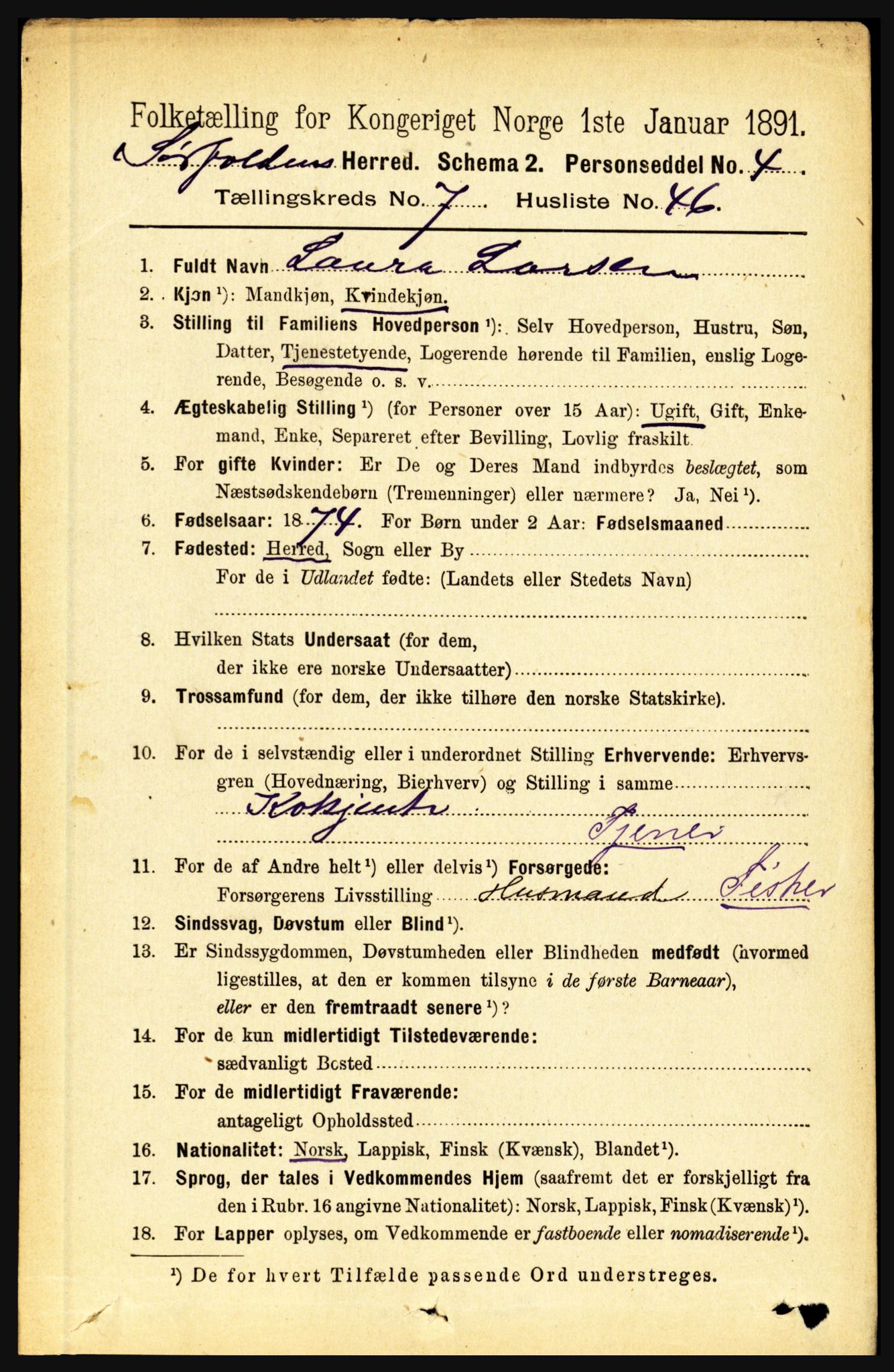 RA, 1891 census for 1845 Sørfold, 1891, p. 2520